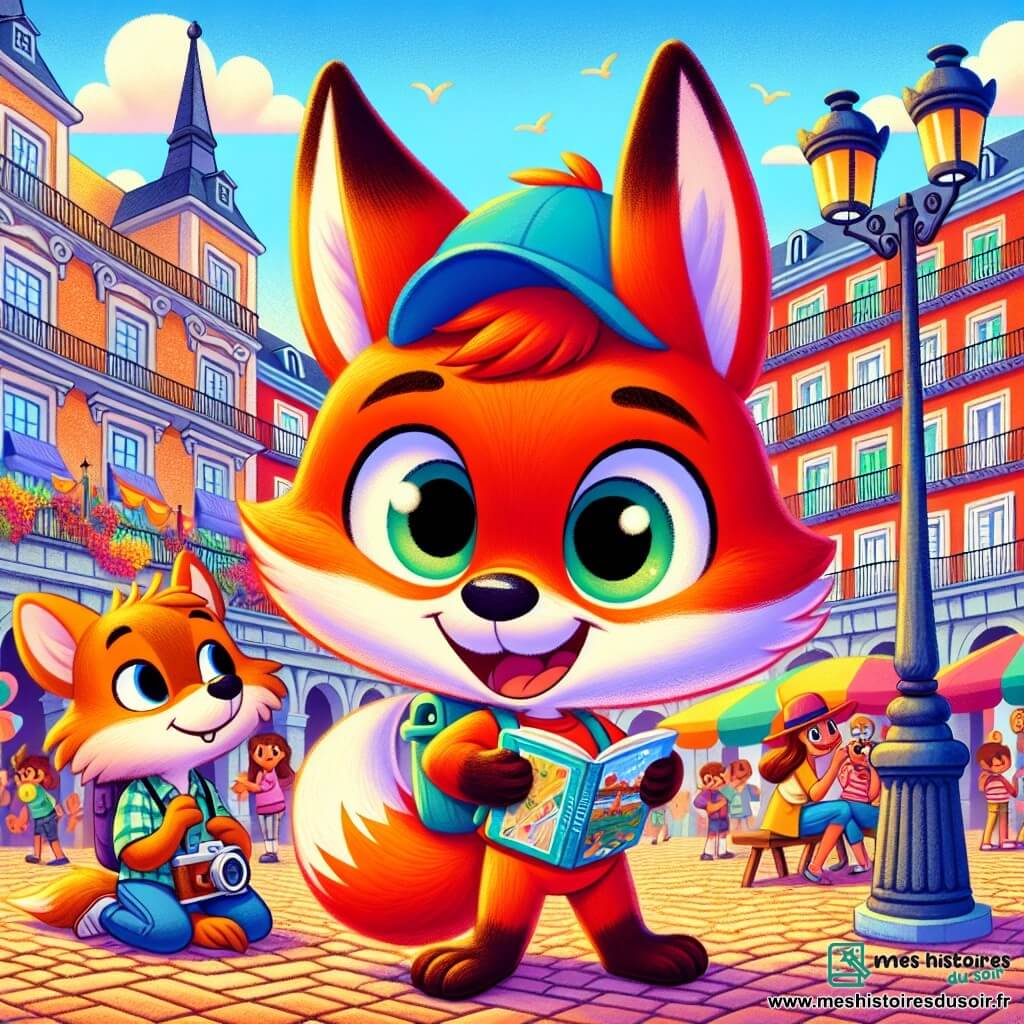 Un petit renard aux poils roux nommé Milo est debout sur une grande place animée, les yeux brillants d'excitation et un grand sourire sur le visage. Il porte une casquette bleue et tient un carnet de voyage dans ses pattes. À côté de lui, Papa Renard, au pelage doré, sourit fièrement en regardant son fils, tandis que Maman Renard, avec un pelage soyeux et une écharpe colorée, prend une photo. La scène se déroule sur la Plaza Mayor de Madrid, entourée de bâtiments historiques colorés, avec des lampadaires en fer forgé et des terrasses animées. Des fleurs décorent la place et des musiciens jouent joyeusement. Milo, émerveillé par l’animation de la ville, montre sa carte à ses parents, prêt à partir à l'aventure.