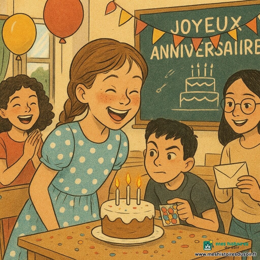 Célia, une fille de 12 ans aux cheveux châtain clair en tresse et taches de rousseur, souffle avec joie sur un petit gâteau à la crème tandis que ses ami·e·s — Léa (11 ans, cheveux bouclés bruns) riant et applaudissant à gauche, Hugo (12 ans, cheveux courts noirs) accroupi tendant un paquet de bonbons, et Samira (12 ans, cheveux lisses noirs et lunettes) lui présentant une enveloppe-indice à droite — l’entourent dans une salle de classe lumineuse aux grandes fenêtres donnant sur un pré, tables décorées de guirlandes et ballons rouges et jaunes, tableau "Joyeux Anniversaire", miettes et confettis sur la table, expressions de joie et surprise capturées dans une composition centrée et chaleureuse.