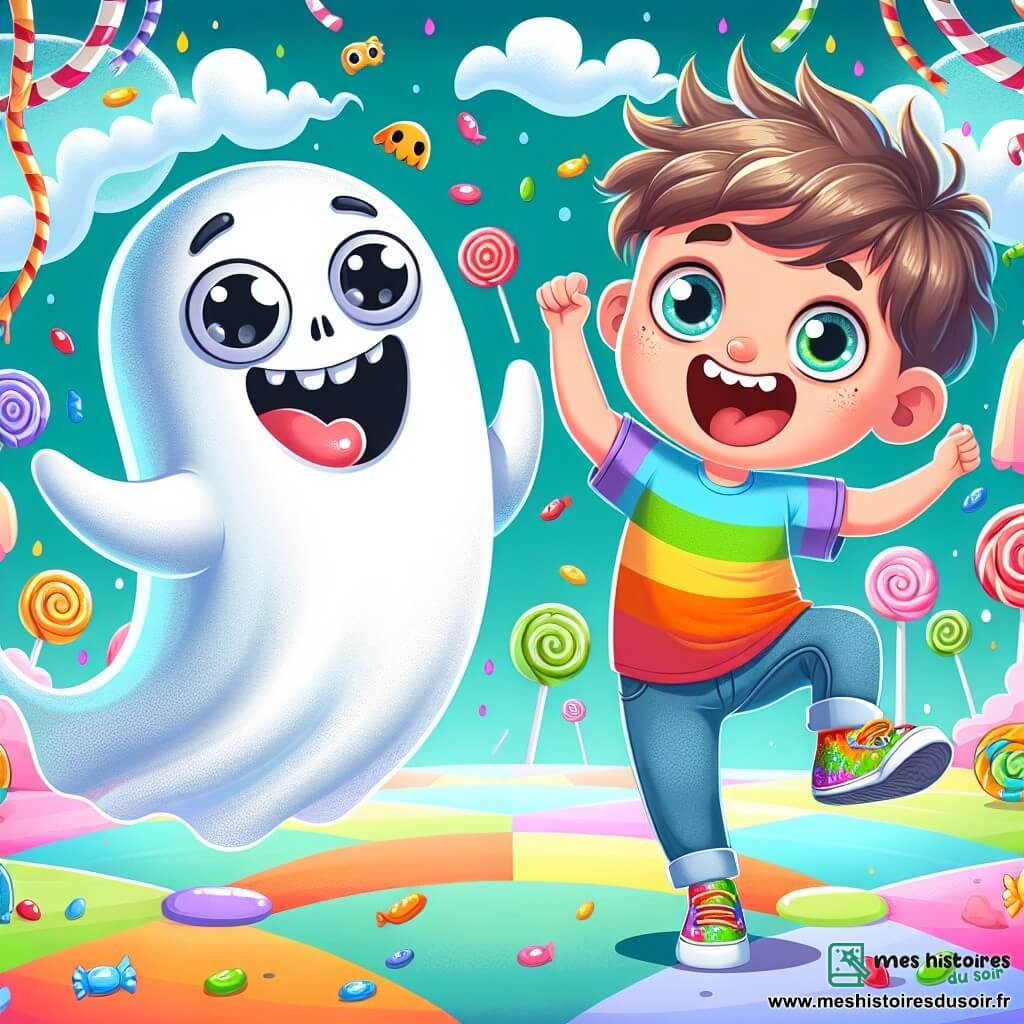 Un fantôme nommé Gaspard flotte joyeusement dans les airs, avec un corps translucide et un grand sourire. Il fait des grimaces amusantes pour attirer l'attention des enfants. À ses côtés, Léo, un petit garçon de 7 ans avec des cheveux en bataille et un t-shirt coloré, rit aux éclats, prêt à danser avec son ami. Ils se trouvent dans un royaume enchanté de bonbons, avec des arbres en réglisse et des rivières en chocolat. Gaspard et Léo sont au milieu d'une fête entourés de bonbons dansants, célébrant leur amitié dans un monde sucré et coloré.