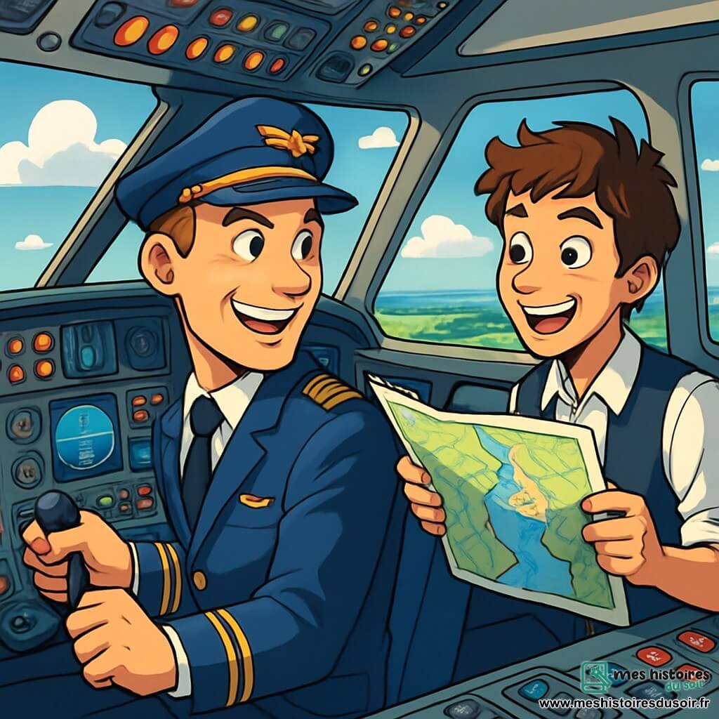 Antoine, un pilote, se tient dans le cockpit d'un avion, son visage exprimant excitation et concentration. Il porte une combinaison bleu marine et une casquette avec un insigne doré. À ses côtés, un jeune copilote d'environ 20 ans, aux cheveux bruns en bataille, consulte une carte de navigation, vêtu d'une chemise blanche et d'un gilet noir, admiratif envers Antoine. Le cockpit est rempli de boutons colorés et de panneaux de contrôle, avec de grandes fenêtres offrant une vue sur un ciel bleu et des paysages variés en dessous. Antoine et son copilote se préparent au décollage, échangeant conseils et sourires complices, prêts pour de nouvelles aventures.