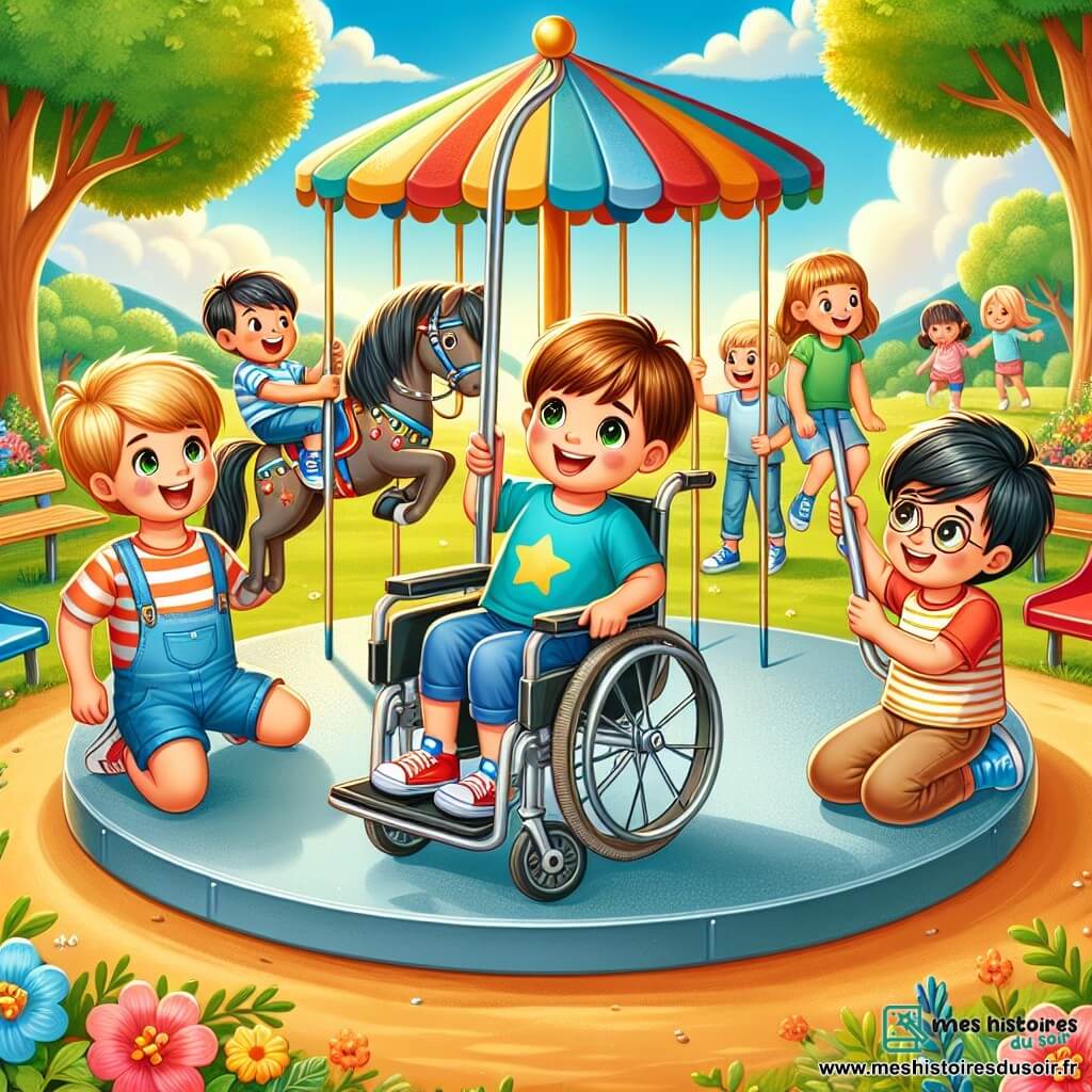 Dans un parc ensoleillé, trois amis jouent ensemble : Max, un garçon de 10 ans en fauteuil roulant, Léo, un garçon de 9 ans sur une balançoire, et Noah, un garçon de 10 ans grimpant sur un toboggan. Le parc est verdoyant, avec des arbres, des fleurs et un ciel bleu. Max, Léo et Noah sont réunis autour d'un carrousel, tous souriants, illustrant l'amitié et l'inclusion.