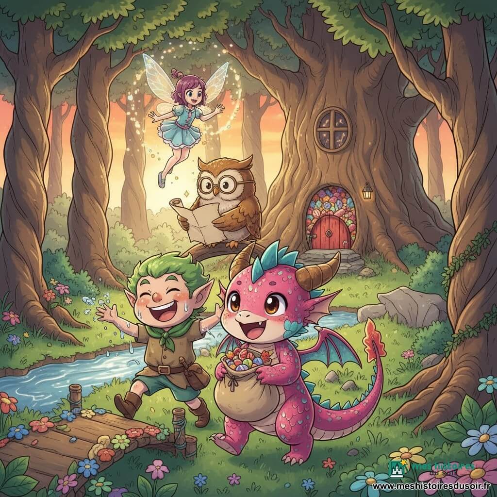 Pompom, un petit dragon enfantin aux écailles rose et turquoise et au regard joyeux, tient un sac débordant de bonbons multicolores en riant avec ses amis ; à sa gauche Gribouille, un lutin farceur au visage rond et cheveux verts, trempé et secouant des gouttes d’eau après être tombé d’un pont de fleurs ; derrière Pompom, perché sur une branche basse, Chachou, un hibou sage aux grandes lunettes et plumage brun doré, tient une vieille carte jaunie ; au‑dessus du groupe voltige Toupie, une petite fée aux ailes translucides et robe pastel, projetant des paillettes dorées. Ils se trouvent dans une clairière de forêt enchantée au coucher du soleil, herbe parsemée de fleurs, grands arbres torsadés, un immense chêne avec une petite porte rouge et, en arrière‑plan, une grotte scintillante de bonbons et un ruisseau aux reflets argentés ; l’atmosphère est festive et chaleureuse, avec sacs pleins et rires partagés.