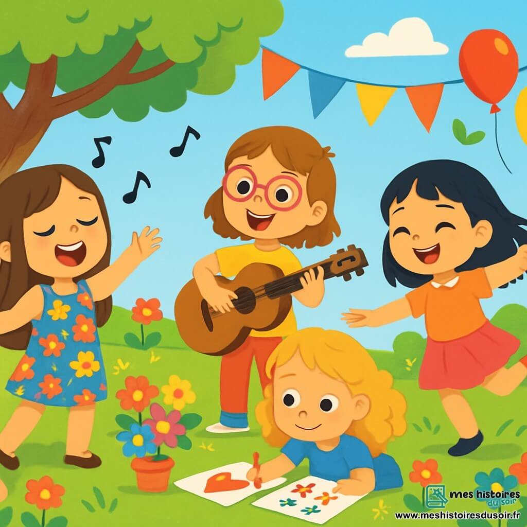 Quatre enfants préparent un spectacle surprise pour la fête des mères dans un jardin ensoleillé. Chloé, 8 ans, chante avec un grand sourire, Lou, également 8 ans, joue de la guitare, Clara, 8 ans, dessine des affiches, et Jade, 7 ans, danse avec énergie. Le jardin est rempli de fleurs multicolores, d'arbres verdoyants et de guirlandes. L'ambiance est festive avec des ballons colorés.