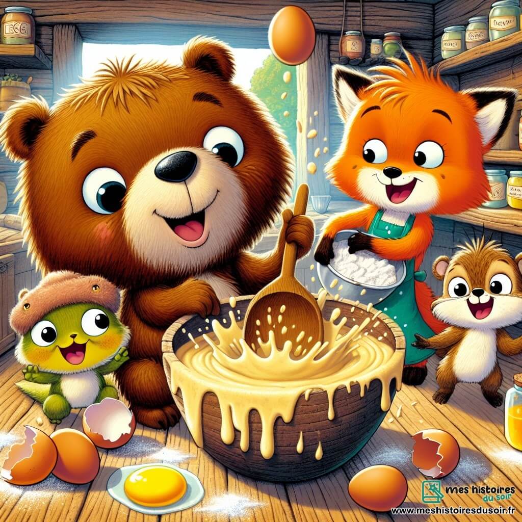Barnabé, un ours en peluche ébouriffé et brun, mélange une cuillère en bois dans un saladier débordant de pâte à gâteau, l'air joyeux et surpris par le désordre. À côté, Lili, une renarde orange, rit en saupoudrant de la farine, mais en met partout, même sur son museau. Gustave, un castor, jongle maladroitement avec des œufs, concentré mais inquiet de les casser. Zaza, une grenouille verte, saute joyeusement autour d'eux, éclaboussant de la pâte. La scène se déroule dans une cuisine rustique dans un vieux tronc d'arbre, avec des étagères de pots de miel et de fruits, sous des rayons de soleil. Ils préparent un gâteau géant pour la fête de la clairière, entourés de rires et de chaos, illustrant leur amitié et leur esprit d'équipe.