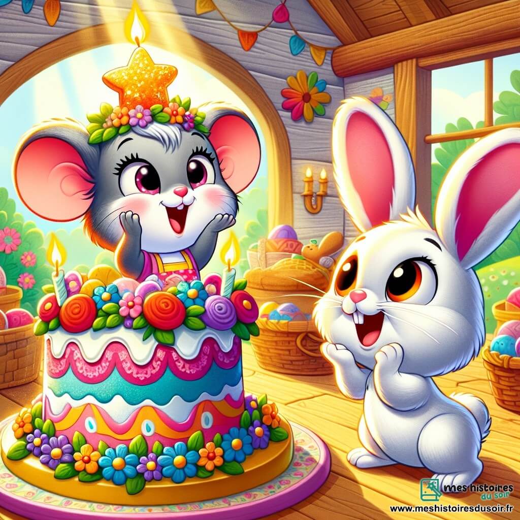 Une petite souris nommée Lili, avec un pelage gris et des yeux pétillants, se tient devant un gâteau coloré décoré de fleurs et d'une étoile en sucre. Elle sourit avec excitation, prête à surprendre son papa. À côté d'elle, un lapin nommé Benny admire le gâteau avec un grand sourire. Ils sont dans une maison en bois entourée de verdure, avec des rayons de soleil filtrant à travers les feuilles. La scène est festive et chaleureuse, pleine de couleurs vives, alors que Lili s'apprête à célébrer la fête des pères.