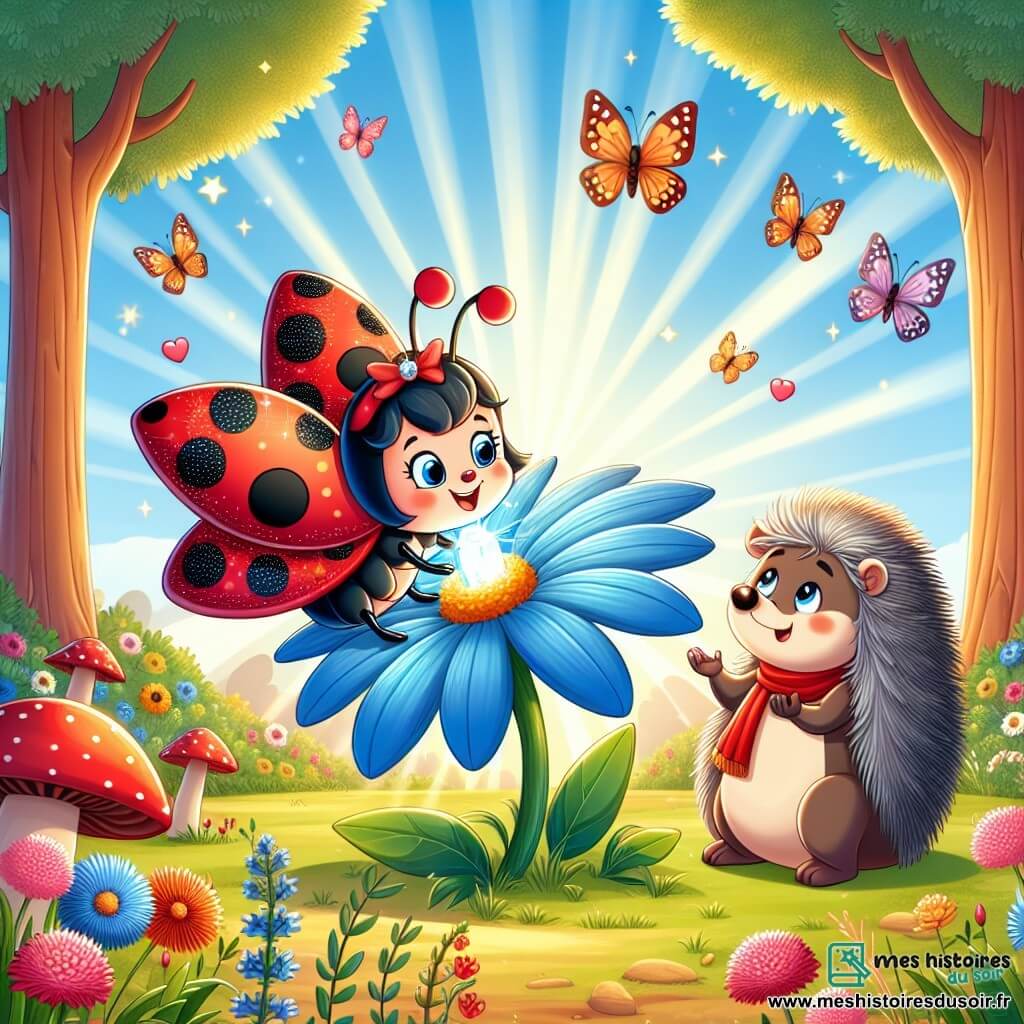 Luna, une coccinelle aux ailes rouges à pois noirs, se tient joyeusement sur une fleur bleue, ses yeux brillants de curiosité. À côté, Tim, un vieux hérisson sage aux piquants gris, l'observe en souriant, assis sous un champignon coloré. Ils se trouvent dans une clairière ensoleillée, entourée de grands arbres aux feuilles vertes, où des rayons de soleil illuminent le sol couvert de fleurs sauvages. Luna découvre un cristal luminescent au cœur de la fleur, émerveillant son visage, tandis que des papillons colorés volent autour d'eux, ajoutant de la magie à l'atmosphère.