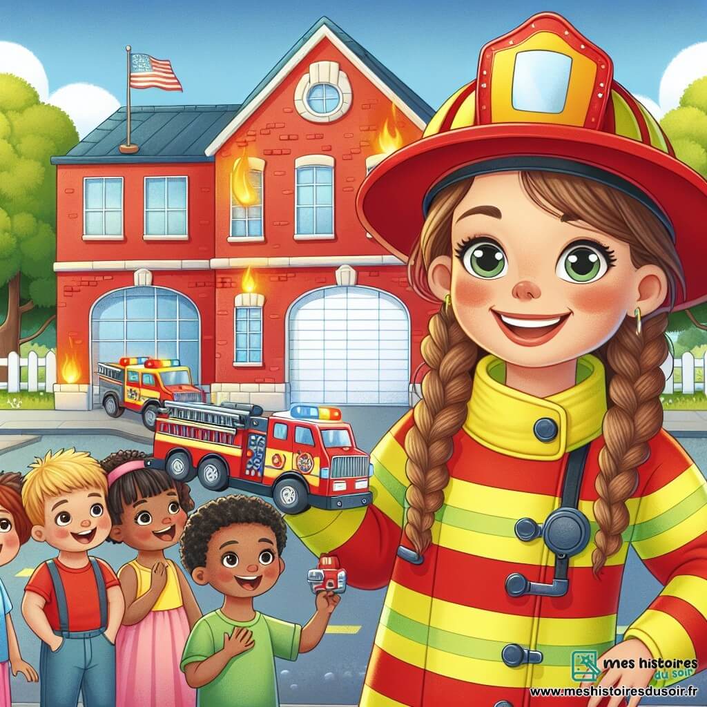 Une femme pompier, Capitaine Zoé, souriante et pleine d'énergie, porte un casque rouge et une combinaison jaune vif. Elle se tient devant une caserne de pompiers, les bras ouverts, prête à accueillir les enfants. À ses côtés, un garçon de 6 ans, tenant un camion de pompier en plastique, l'observe avec émerveillement. Trois autres enfants, une fille de 5 ans avec des tresses, un garçon de 7 ans avec un chapeau de pompier, et une petite fille de 4 ans en robe rose, sont rassemblés autour d'eux, excités. La caserne, peinte en rouge avec des portes blanches et un drapeau, est entourée d'arbres, sous un ciel bleu clair. Capitaine Zoé explique aux enfants le fonctionnement d'un camion de pompier, tandis qu'une alarme retentit, ajoutant une touche d'aventure.