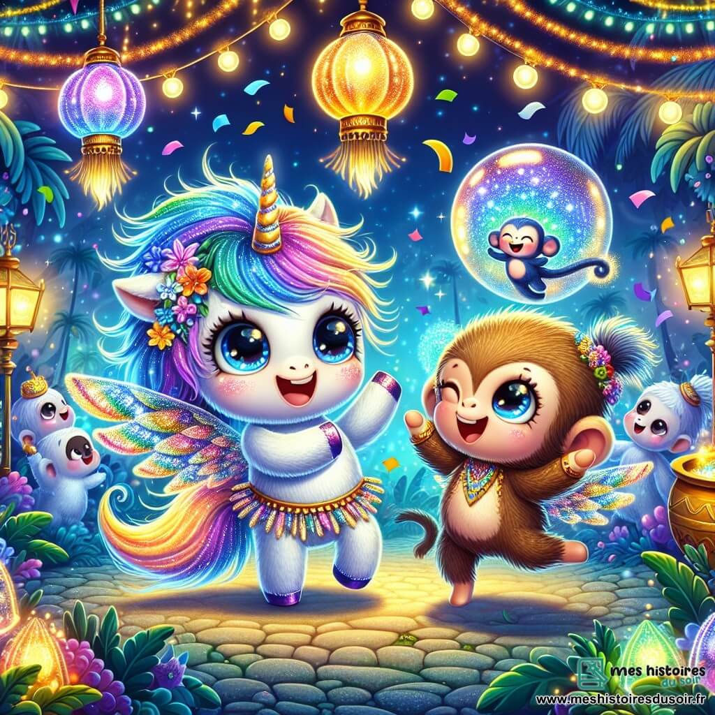 Illustration d'une petite licorne duveteuse avec une crinière multicolore scintillante, exprimant joie et enthousiasme au milieu d'un carnaval. À ses côtés, un petit singe malicieux bondit, ses yeux pétillants d'excitation. Une fée aux ailes pailletées et écharpe dorée observe la scène avec bienveillance, ajoutant de la magie. Le jardin vibrant est rempli de guirlandes lumineuses et de lampions, où des créatures fantastiques dansent sous un ciel étoilé, créant une ambiance festive. La licorne et le singe dansent ensemble, entourés de créatures joyeuses, célébrant l'amitié et la magie. Des bulles de cristal flottent, capturant rires et souvenirs, tandis qu'une marmite scintillante ajoute du mystère. Des confettis colorés tombent, des fruits dorés chantonnent sur un arbre majestueux, et des étoiles brillantes illuminent la scène, renforçant l'atmosphère enchantée et festive.