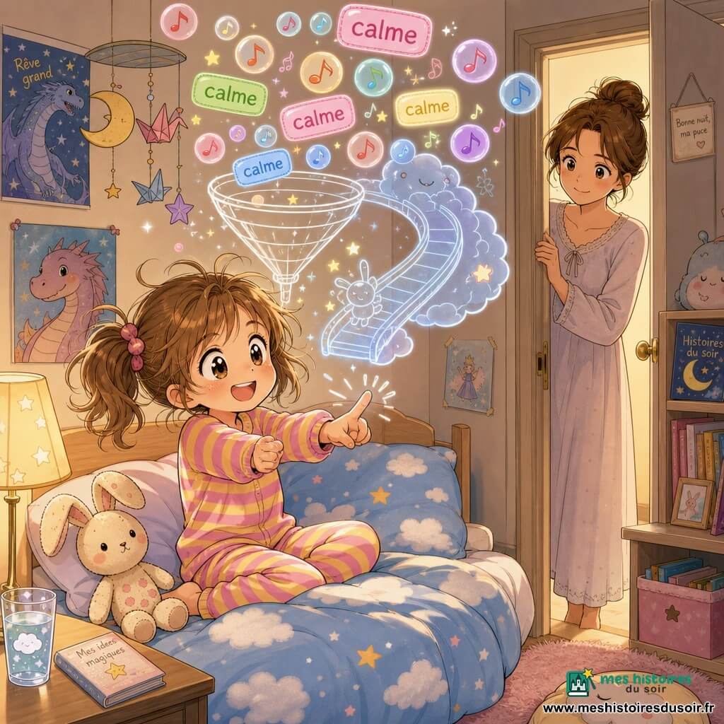 Fille de 6 ans joyeuse et concentrée, cheveux châtain clair en couettes un peu décoiffées, yeux pétillants, vêtue d’un pyjama rayé rose et jaune, assise sur un lit à couette nuage bleu et mimant l’appui d’un grand bouton invisible avec un sourire malicieux ; un doudou lapin beige à taches roses est posé contre elle sur l’oreiller ; la mère, environ 35 ans, cheveux bruns en chignon, robe de nuit douce, est à la porte entrouverte, souriante et attentive, légèrement en retrait à droite ; petite chambre chaleureuse aux murs crème avec affiches d’étoiles et d’un dragon, lampe de chevet diffusant une lumière jaune douce, mobile suspendu, tapis moelleux, étagère avec livres et tasse d’eau sur la table de nuit ; scène montrant la fille inventant une machine invisible pour calmer ses pensées : bulles colorées et petites étiquettes « calme » sortent d’un entonnoir imaginaire au-dessus du lit, un toboggan de nuage en filigrane et des notes musicales-bulles s’échappent ; palette douce en tons pastels (bleu ciel, rose pâle, crème) et lumière de nuit chaude, traits manga nets et expressifs.