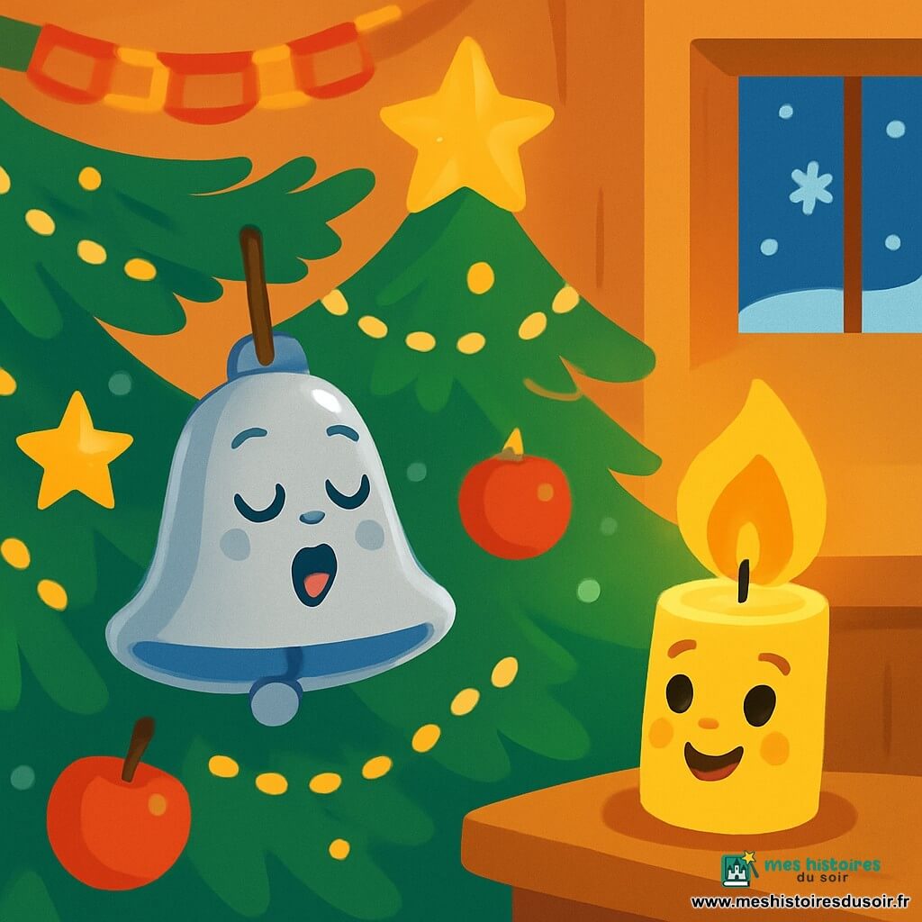 Dans une pièce chaleureuse, Mina, une clochette d’argent souriante, se balance sur une branche d’un sapin décoré de guirlandes scintillantes, pleine d'espoir pour retrouver sa chanson de Noël. À côté, une bougie en forme de flamme éclaire la scène d'une lumière dorée. Le sapin majestueux, entouré de flocons de neige tombant par la fenêtre, est décoré de guirlandes en papier, de pommes rouges et d'étoiles scintillantes. Mina chante doucement, entourée de ses amis lumineux, dans une ambiance magique et festive.