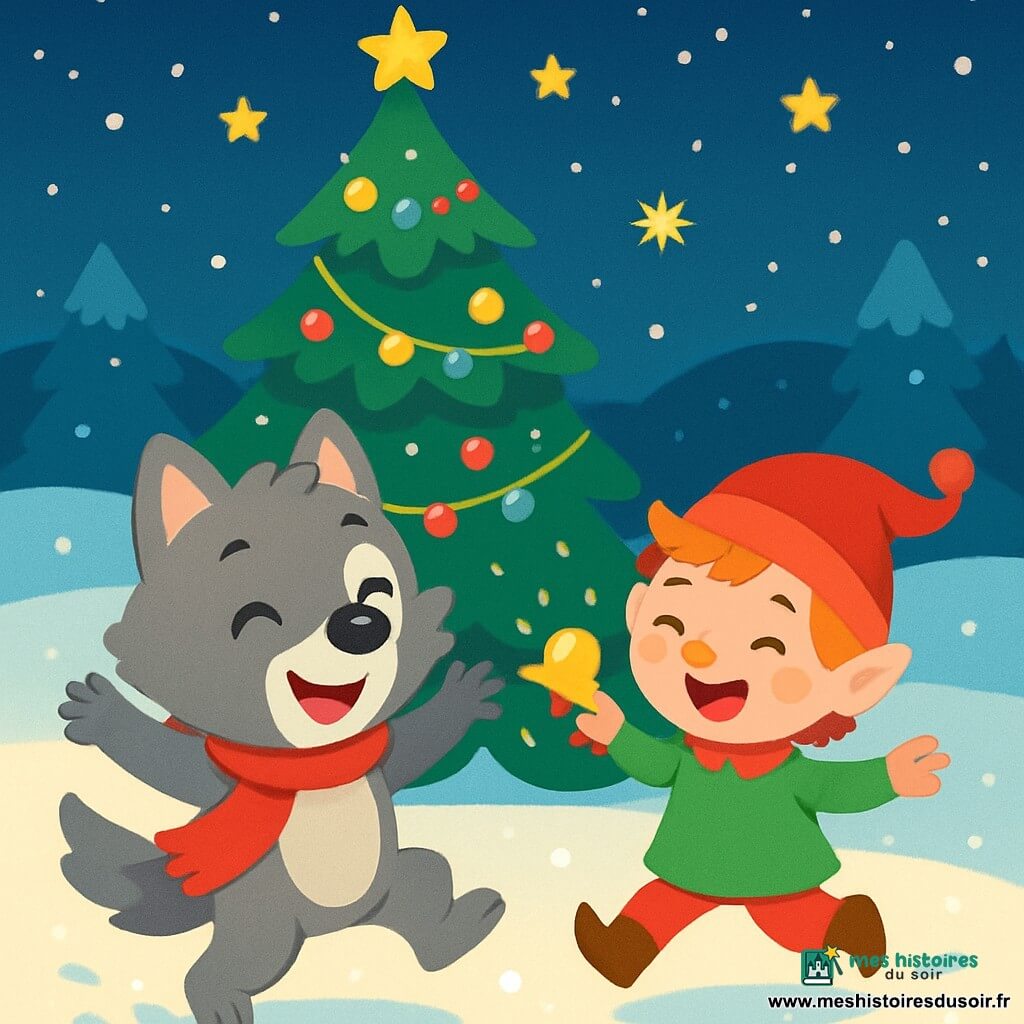 Petit Loup, un jeune loup aux poils gris et aux yeux pétillants, saute joyeusement dans la neige, rayonnant de bonheur avec sa écharpe rouge vif. À ses côtés, le Lutin Farceur, un petit personnage aux cheveux ébouriffés et au bonnet rouge, rit aux éclats, dansant autour de lui avec une clochette dorée scintillante. La scène se déroule près d’un grand sapin décoré de guirlandes colorées sous un ciel étoilé, dans une forêt recouverte de neige où des flocons tombent doucement. Petit Loup et le Lutin Farceur chantent et sautent ensemble, entourés de lumières scintillantes, créant une ambiance festive et magique.