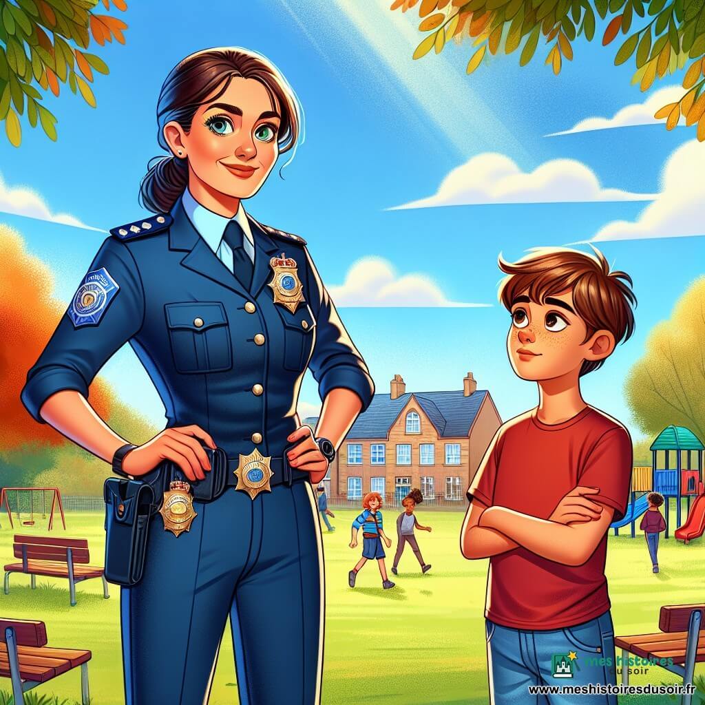 L'inspectrice Léa Martin, dans la trentaine, se tient avec assurance, son uniforme bleu marine impeccable et son badge à la ceinture. Son visage exprime détermination et passion pour son métier. Elle tient un dossier d'une main, l'autre sur sa hanche. À ses côtés, Lucas, un garçon de douze ans aux cheveux châtains, l'admire, vêtu d'un t-shirt rouge et d'un jean, ses mains croisées montrant hésitation et confiance. Le décor est une cour d'école ensoleillée, avec des enfants jouant en arrière-plan et des bancs en bois. Léa explique à Lucas l'importance de la justice et de demander de l'aide, leurs expressions reflétant espoir et compréhension, illustrant leur lien spécial.