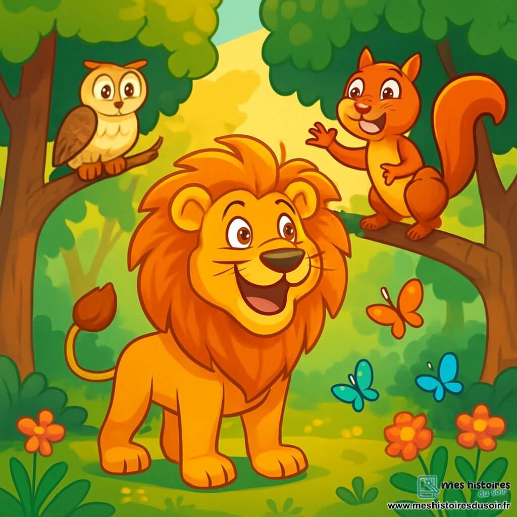 Un lion nommé Léon, avec une crinière dorée et des yeux curieux, se tient dans une clairière enchantée, affichant émerveillement et joie. À ses côtés, un écureuil espiègle nommé Émile grimpe sur une branche, souriant et gesticulant. Une chouette sage nommée Clara observe la scène depuis une branche, prête à partager ses connaissances. La clairière est entourée d'arbres majestueux, leurs feuilles scintillant sous le soleil, et des fleurs colorées dansent au rythme du vent. Des papillons multicolores virevoltent autour des animaux, ajoutant de la magie à l'atmosphère. Léon découvre la beauté de la forêt, encouragé par Émile et Clara à explorer ce monde fascinant.
