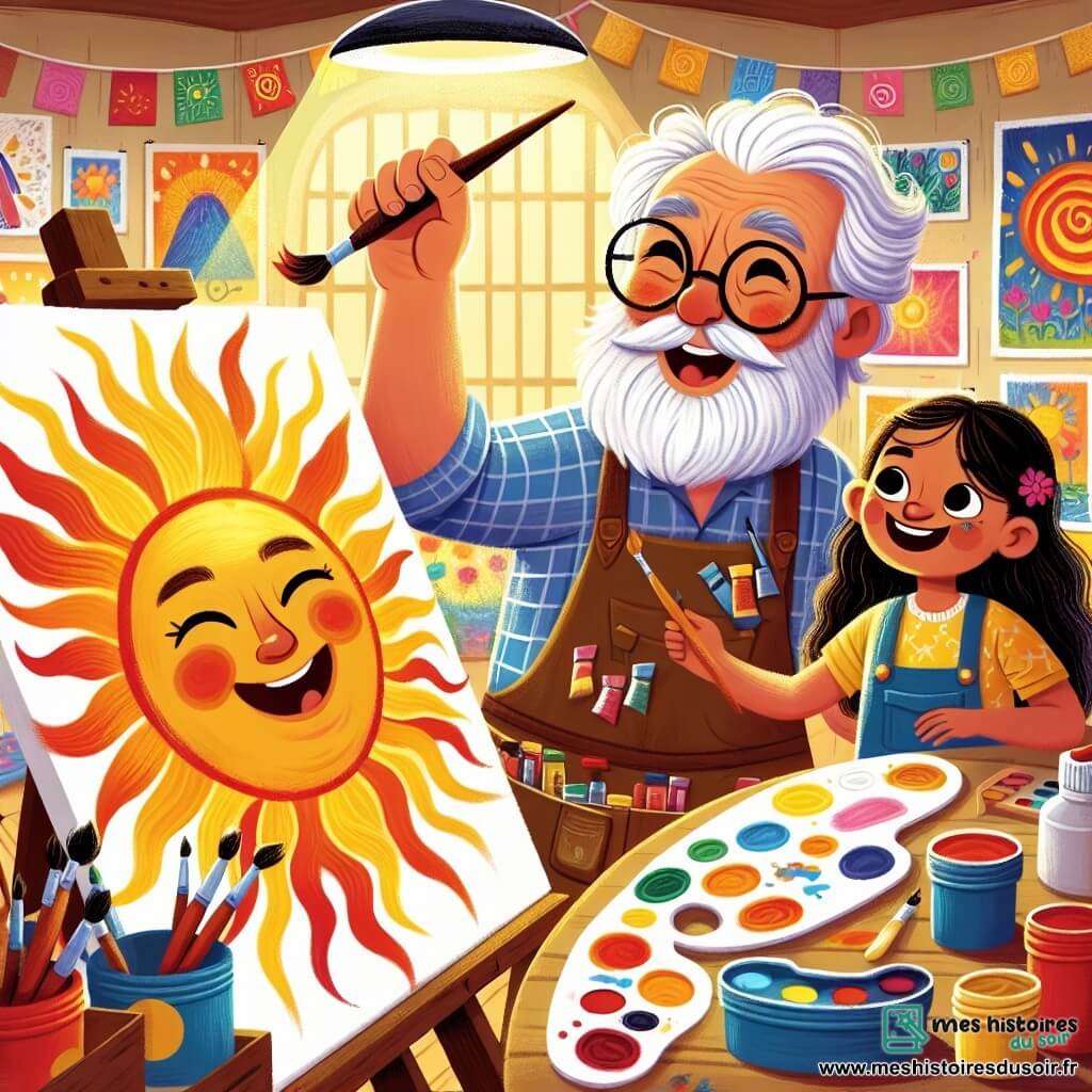 Monsieur Léon, un homme âgé à la barbe blanche et aux lunettes rondes, sourit en tenant un pinceau. Il est entouré de couleurs vives et de toiles éclatantes. Lila, une petite fille de 7 ans avec de longs cheveux bruns et un t-shirt jaune, peint un grand soleil, son visage rayonnant de bonheur. Maxime, un garçon de 8 ans aux cheveux blonds, se concentre sur un tableau d'arbre. L'atelier lumineux et coloré de Monsieur Léon est rempli de pots de peinture et de pinceaux, créant une atmosphère chaleureuse. La scène montre Monsieur Léon encourageant les enfants, leurs œuvres d'art vibrantes illuminant l'atelier, symbole de créativité et de joie.