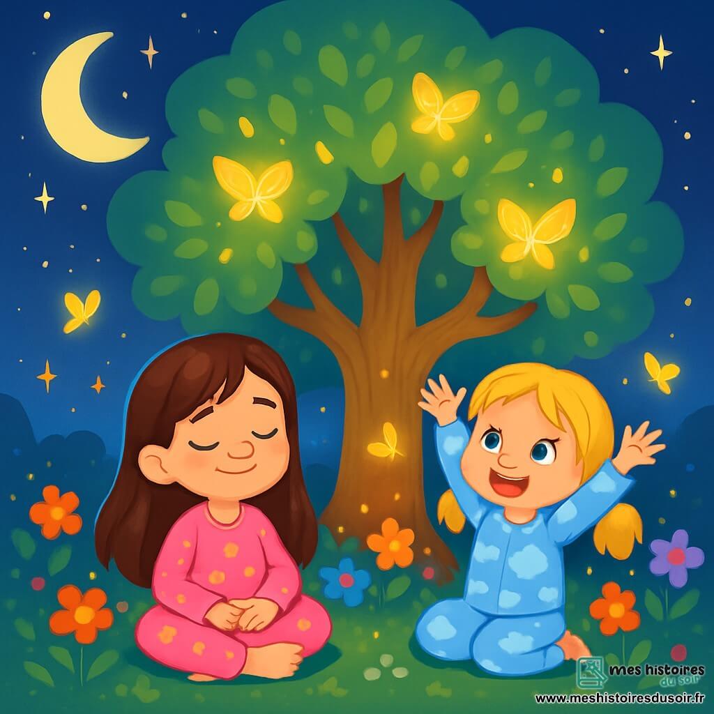 Il y a deux personnages principaux : Zoé, une petite fille de 6 ans aux longs cheveux bruns, portant un pyjama rose avec des étoiles, assise sous un arbre, et Lila, également âgée de 6 ans, avec des cheveux blonds en couettes, vêtue d'un pyjama bleu avec des nuages, levant les bras vers le ciel. L'action se déroule dans un jardin magique baigné par une lumière lunaire, avec un grand arbre ancien aux feuilles dorées, entouré de fleurs colorées et de papillons lumineux. Les filles, émerveillées, respirent profondément sous l'arbre, souriantes, tandis que les étoiles veillent sur elles.