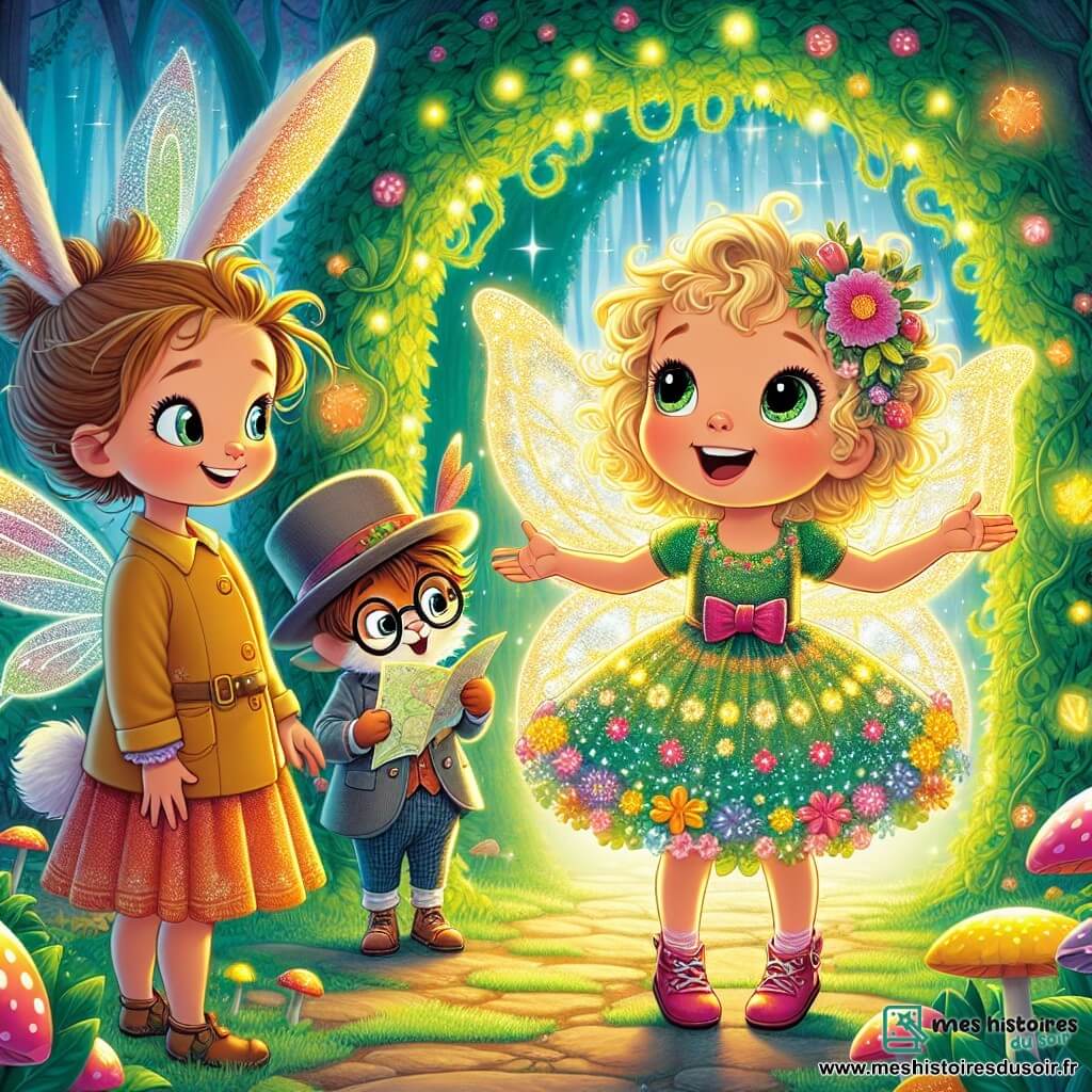 Une petite fille de 5 ans, Lila, aux cheveux bouclés et dorés, se tient au centre de l'image, souriante devant un tunnel lumineux fait de lianes vertes. À sa droite, une petite fée nommée Iris vole joyeusement, prête à guider Lila. À gauche, un lapin cartographe nommé Benny, portant des lunettes et un chapeau, tient une carte, concentré. Ils se trouvent dans une forêt enchantée où les arbres sont en bonbons et les fleurs chantent, prêts à entrer dans le monde magique de Féeriland, remplis d'excitation pour l'aventure qui les attend.