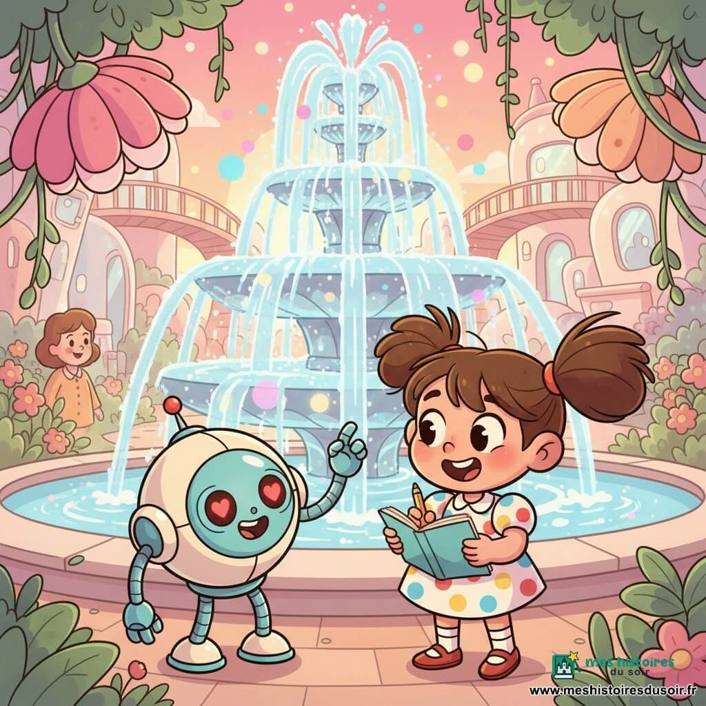 Une fillette de six ans, cheveux bruns en couettes et grands yeux brillants, sourit en tenant un carnet de dessin devant une fontaine scintillante des Jardins Suspendus, accompagnée d'un petit robot rond nommé Pingo au corps crème et accents turquoise aux yeux LED en forme de cœurs ; au loin, la silhouette chaleureuse d'une maman veille près d'un sentier fleuri tandis que jets d'eau, fleurs bioluminescentes, lianes et passerelles en bois créent une ambiance magique au coucher du soleil aux tons pastel.
