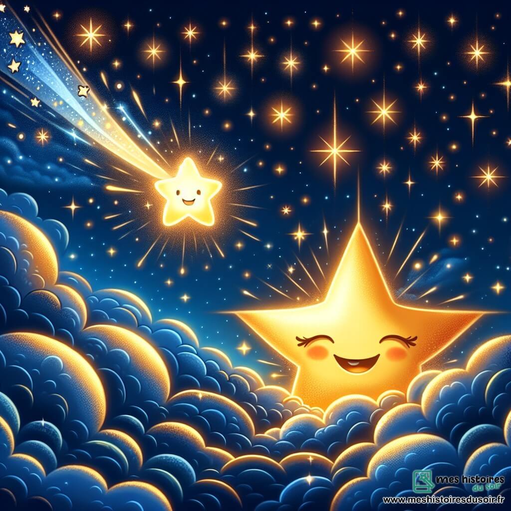 Dans un ciel nocturne étoilé, une petite étoile brillante, douce et dorée, semble émerveillée et un peu nerveuse. Elle a une forme délicate avec des pointes scintillantes et illumine les nuages environnants. Près d'elle, une grande étoile filante, majestueuse et lumineuse, se déplace avec grâce, laissant une traînée d'éclats argentés et souriant avec bienveillance à la petite étoile. Le ciel est parsemé de milliers d'autres étoiles formant des constellations dansantes. En bas, la Terre est visible avec des silhouettes d'arbres et des maisons endormies, où des enfants émerveillés lèvent les yeux. La petite étoile, prenant son courage à deux mains, se concentre pour briller de tout son éclat, encouragée par la grande étoile filante. Des nuages cotonneux flottent autour d'eux, et une légère brise ajoute une touche de magie à cette scène nocturne, avec des couleurs vives et chaleureuses créant une atmosphère de rêve et d'émerveillement.