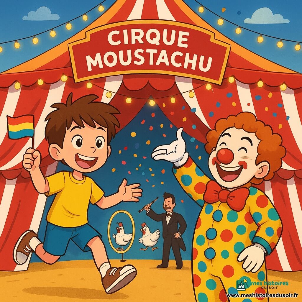 Un garçon de 10 ans, nommé Oscar, avec des cheveux bruns en bataille et des yeux pétillants, saute d’un pied sur l’autre, souriant devant un chapiteau de cirque rouge et blanc. Il porte un t-shirt jaune et un short bleu, tenant un petit drapeau coloré. À ses côtés, Monsieur Pompon, un clown jovial d’environ 40 ans avec un nez rouge et des cheveux ébouriffés, lance des confettis en riant, vêtu d’un costume à pois. En arrière-plan, le chapiteau du Cirque Moustachu est décoré de guirlandes lumineuses, avec des artistes en action : une trapéziste en tutu rose et un dompteur faisant sauter des poules acrobates à travers des cerceaux dorés. Oscar, excité et un peu nerveux, est prêt à choisir son activité pour aider les artistes dans l’effervescence colorée du cirque.