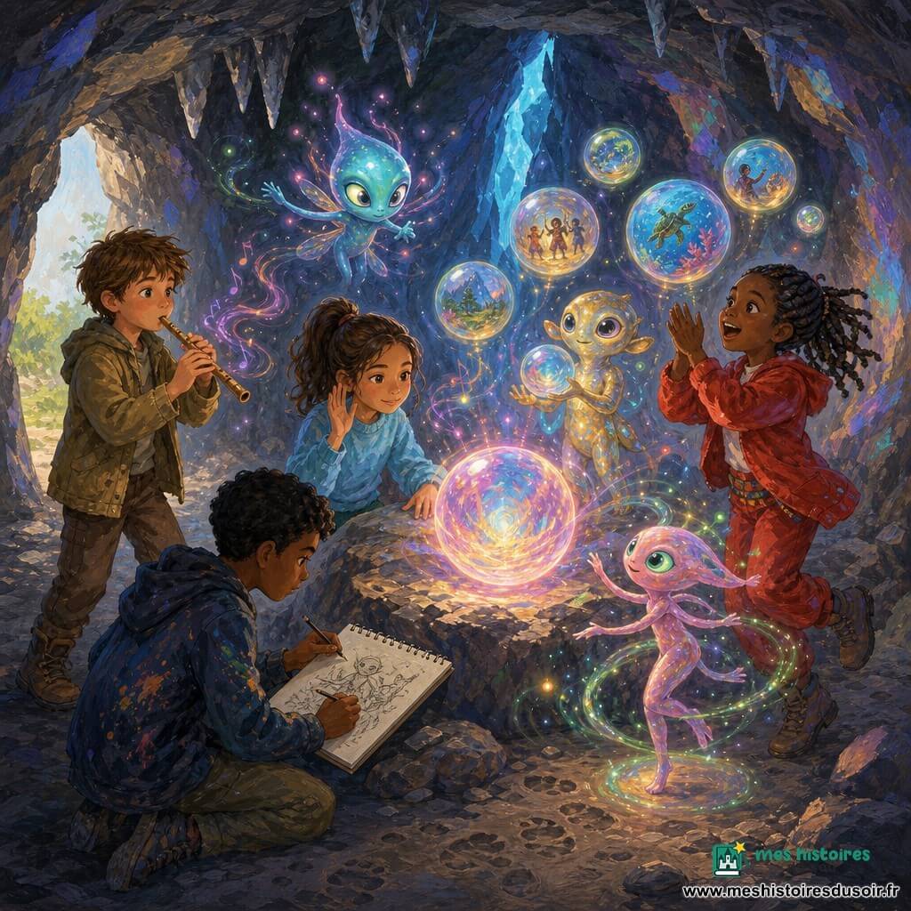 Dans une grotte secrète sous une colline, quatre enfants — Tom (≈10) jouant de la flûte, Léna (≈10) posant la main sur une pierre, Shana (≈9) chantant et dansant, Idriss (≈10) dessinant — découvrent une sphère lumineuse flottante entourée de trois petites créatures irisées; la sphère pulse au rythme de leur mélodie, projetant bulles lumineuses et reflets colorés tandis qu'une faille bleutée éclaire doucement la scène.