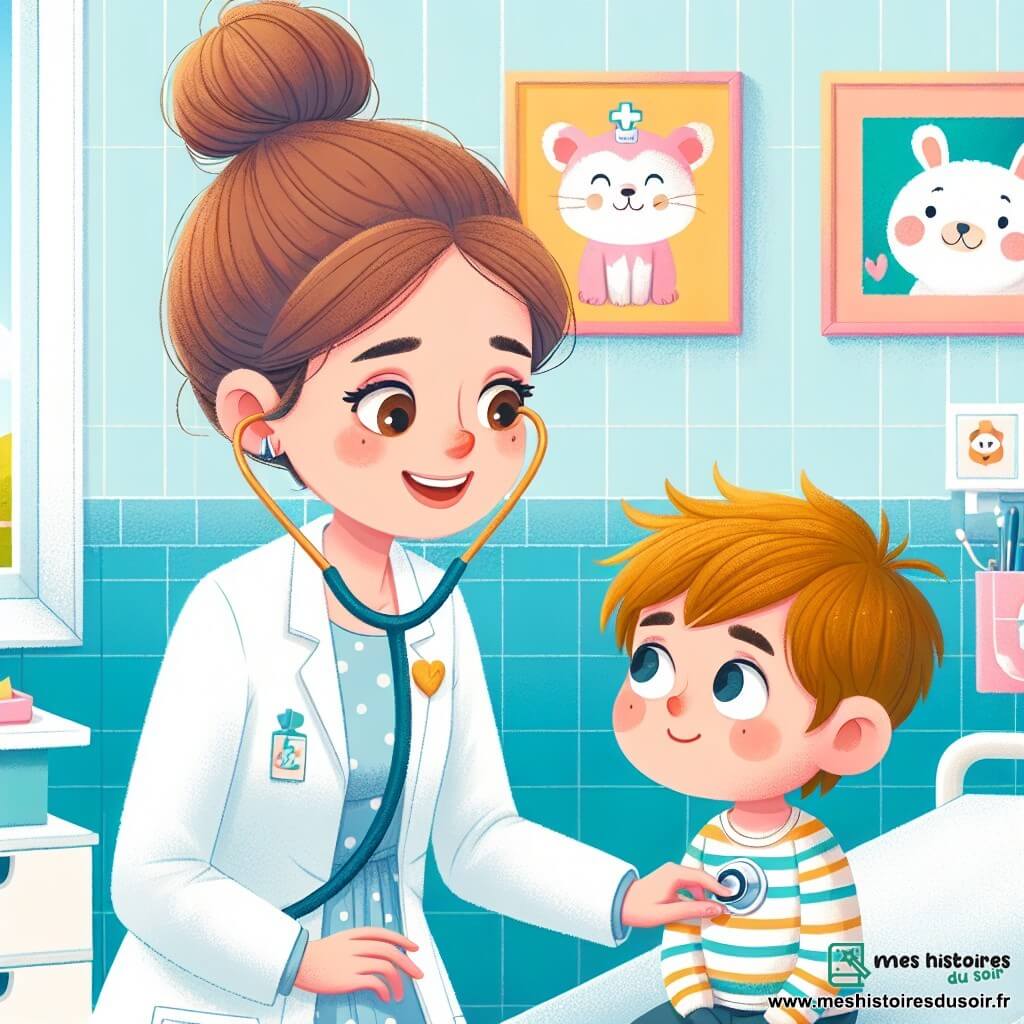 Le personnage principal est Docteur Clara, une femme d'une trentaine d'années, souriante, avec des cheveux bruns en chignon, portant un manteau blanc et un stéthoscope. Elle écoute le cœur d'un petit garçon, Hugo, 7 ans, aux cheveux blonds en désordre et aux joues roses, assis sur une table d'examen, un mouchoir en papier à la main, affichant un mélange d'inquiétude et d'espoir. L'illustration se déroule dans une salle d'hôpital lumineuse aux murs bleu pastel, avec des dessins d'animaux et des jouets en peluche. Docteur Clara examine Hugo, qui a un léger rhume, tout en le réconfortant avec un sourire chaleureux.