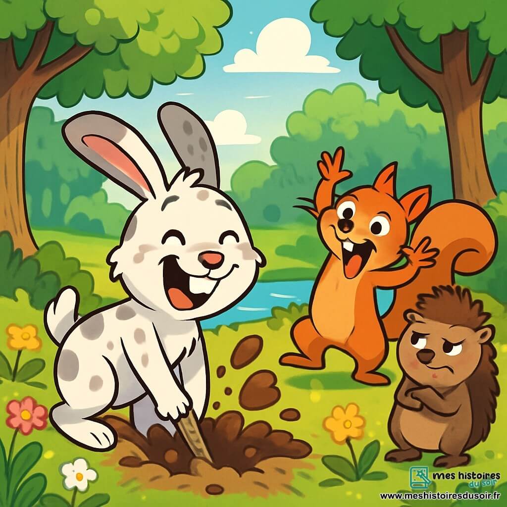 Dans une clairière ensoleillée du Bois-Marrant, un lapin nommé Basile rit aux éclats en creusant le sol, entouré de terre. À ses côtés, Zouzou l'écureuil fait des grimaces pour le faire rire, tandis que Léon le hérisson, un peu grognon, observe avec un sourire amusé. L'endroit est rempli d'arbres majestueux et de fleurs colorées, créant une atmosphère joyeuse. Basile et ses amis sont en quête de la Carotte d'Or, riant et déterminés à relever le défi ensemble.