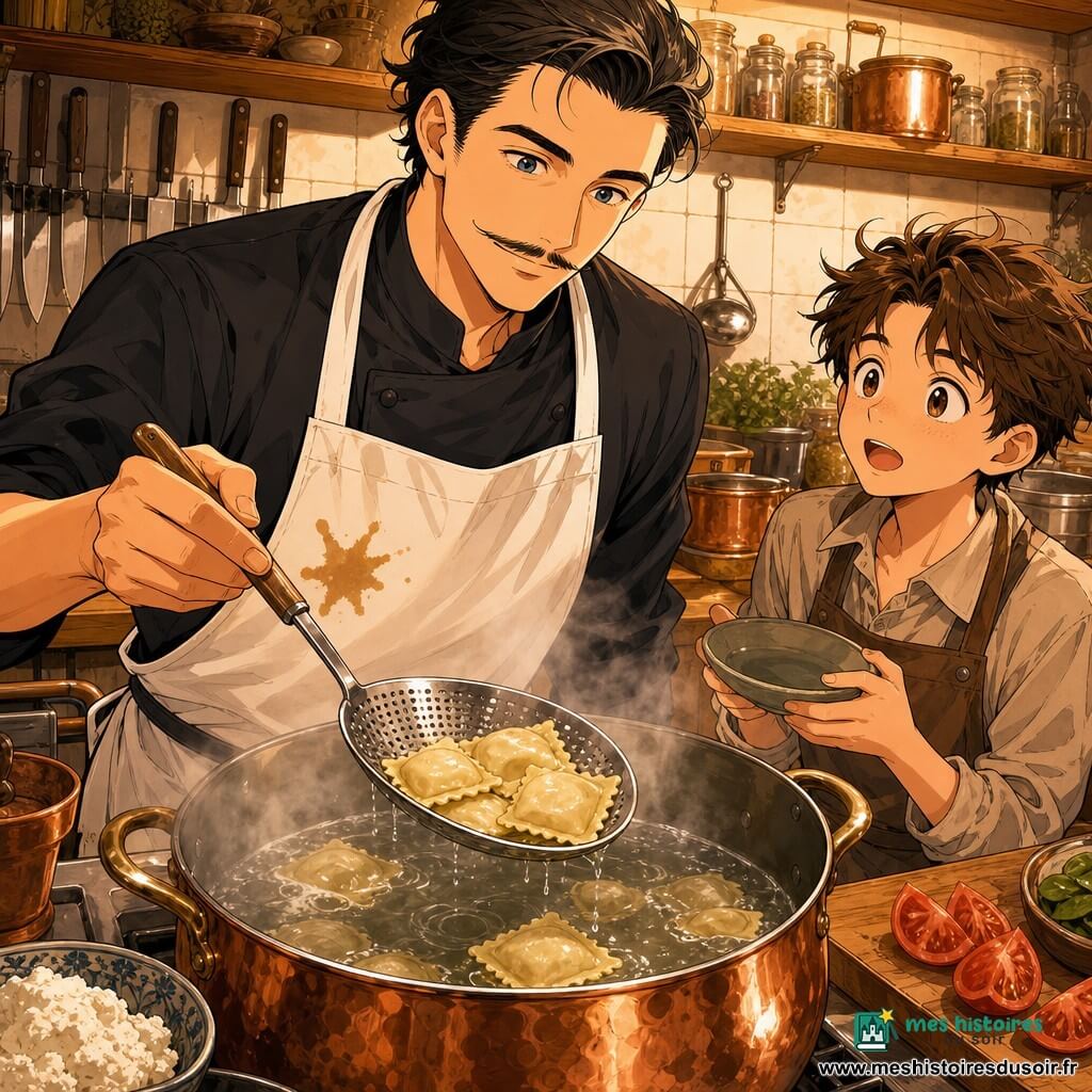 Un chef, Marco, grand et souriant, moustaches fines, tablier blanc avec une tache en forme d’étoile, tient une écumoire et plonge des raviolis dodus dans une grande marmite bouillonnante, mains précises et douces ; à ses côtés Léo, environ 12 ans, cheveux bruns en bataille, yeux curieux, tient une petite assiette et l’observe avec admiration (pas d’autres personnages au premier plan). La cuisine du restaurant est chaleureuse : plan de travail en bois clair, couteaux rangés, bols en céramique avec ricotta blanche et feuilles d’épinard, tomates en quartiers, casseroles en cuivre, carreaux muraux crème et étagères de bocaux, lumière dorée et vapeur blanche montant de la marmite, atmosphère cosy, couleurs chaudes et contrastes nets, style manga enfantin aux traits doux et expressions lisibles, composition centrée sur l’homme en action et le garçon, gros plan moyen en léger plongée pour voir la casserole, détails texturés sur la pâte des raviolis et les gouttes d’eau.