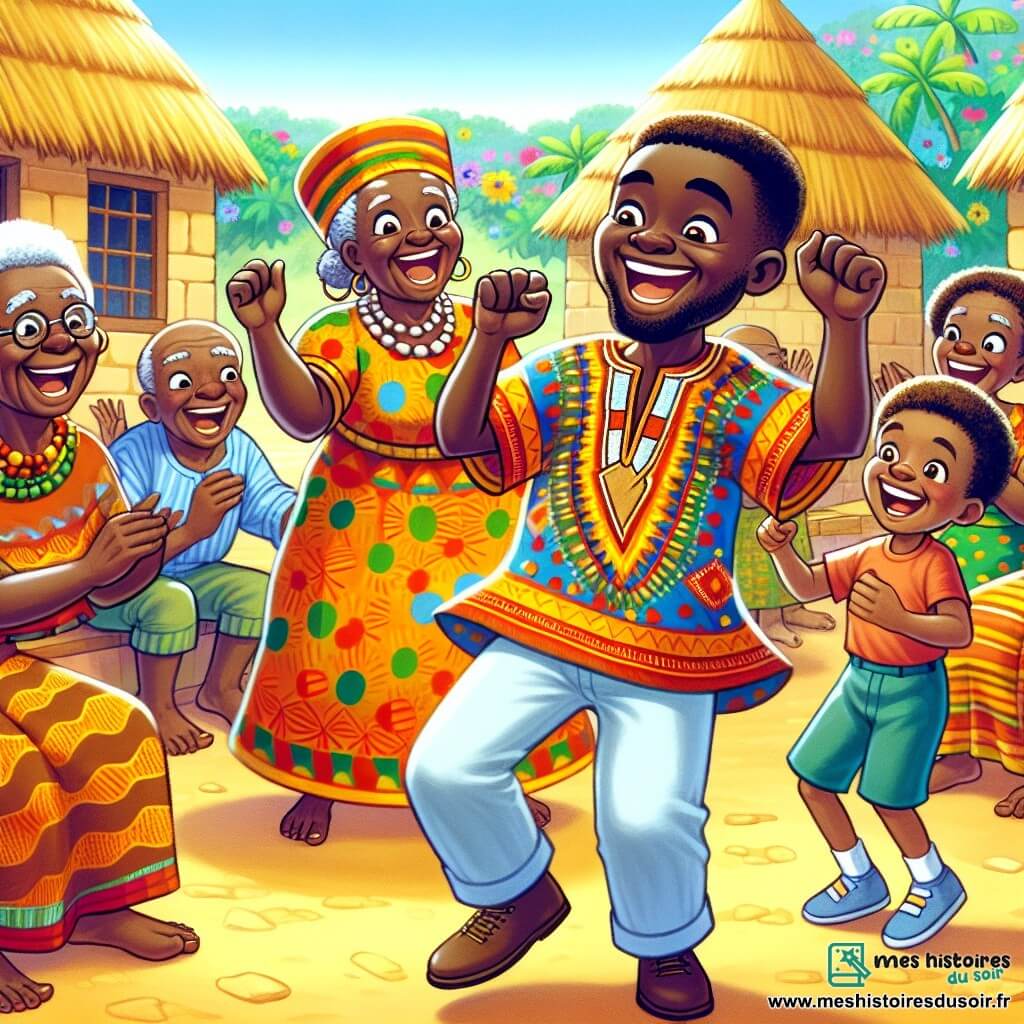 Kofi, un homme souriant et joyeux, danse au milieu d'un cercle de villageois. Il porte un chapeau coloré, une chemise en tissu africain aux motifs vibrants et un pantalon léger. À sa droite, une vieille dame de 70 ans chante joyeusement, vêtue d'une robe traditionnelle. À sa gauche, un jeune garçon de 8 ans applaudit en riant, habillé d'un t-shirt et d'un short. Le village africain est animé, avec des maisons en terre cuite, des arbres verdoyants et un ciel bleu éclatant. Kofi danse avec enthousiasme, créant une atmosphère de joie et de partage.