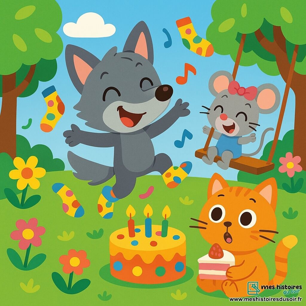 Petit Loup, un jeune loup aux grandes oreilles et au pelage gris doux, saute de joie avec un sourire espiègle. Il porte des chaussettes à pois colorés qui dansent autour de lui. Lila la souris, mignonne avec un nœud rose, rit sur une balançoire, ses yeux pétillants de bonheur. Caramel, un chat orange aux poils doux, les observe, surpris, avec une part de gâteau à la fraise. Le jardin est rempli de fleurs éclatantes et de grands arbres sous un ciel bleu. Un gâteau rond et coloré trône sur l'herbe, entouré de rires et de danse. Petit Loup et ses amis chantent et dansent autour du gâteau, créant une atmosphère festive.