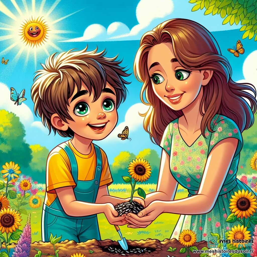 Un garçon de 6 ans, Lucas, avec des cheveux bruns en bataille et des yeux curieux, plante des graines de tournesols dans un jardin ensoleillé. Il porte un t-shirt jaune et un short bleu, et son visage exprime joie et excitation. Sa maman, une femme d'environ 30 ans avec des cheveux longs et châtains, l'aide en lui montrant comment creuser des trous. Elle porte une robe légère à fleurs et se penche vers lui, partageant un moment complice. Le jardin est coloré, rempli de fleurs, de papillons et d'un ciel bleu avec des nuages. Des arbres verdoyants entourent le jardin, créant une atmosphère paisible. La scène illustre le moment où Lucas et sa maman préparent le jardin pour le printemps, enthousiastes et amoureux de la nature, tandis que les oiseaux chantent et que le soleil brille.