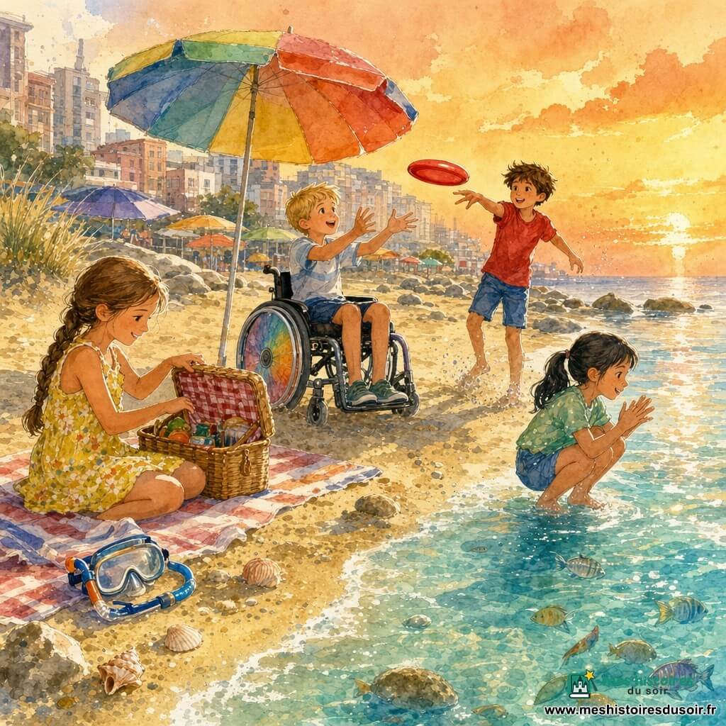 Quatre enfants jouent sur une plage urbaine au coucher du soleil : Clara (≈10 ans, tresse châtain clair, robe jaune à fleurs) assise à gauche sur une serviette déballant un panier de pique-nique ; Tom (≈11 ans, cheveux bruns décoiffés, t-shirt rouge, short bleu) debout derrière elle lançant un frisbee vers le centre ; Hugo (≈10 ans, cheveux blonds courts, en fauteuil roulant moderne aux roues colorées) placé au centre devant un parasol, prêt à attraper le frisbee, visage émerveillé ; Émilie (≈9 ans, couettes noires, blouse verte) accroupie à droite près de l'eau, applaudissant et regardant les poissons. Plage de sable doré avec petites dunes et rochers polis, eau claire turquoise aux reflets argentés, quelques coquillages et un masque de plongée près d'une serviette, skyline de bâtiments pastel et parasols en arrière-plan ; lumière de fin d'après-midi orangée, ombres longues, ambiance joyeuse et bienveillante, textures de sable granuleux et éclaboussures d'eau autour des pieds et des roues.