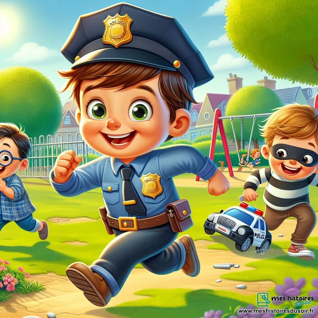 Tom, un garçon de 6 ans avec des cheveux bruns en bataille et un grand sourire, porte un uniforme de policier en plastique et joue dans un parc avec ses amis. Lucas, un autre garçon de 6 ans avec des lunettes et des cheveux blonds, est déguisé en voleur, riant en essayant de s'échapper. Clara, une fille de 6 ans avec des cheveux bouclés et une robe rose, tient un jouet en forme de voiture de police. Le parc est verdoyant et ensoleillé, créant une ambiance joyeuse. Tom court en imitant un policier poursuivant Lucas, tandis que Clara l'encourage.
