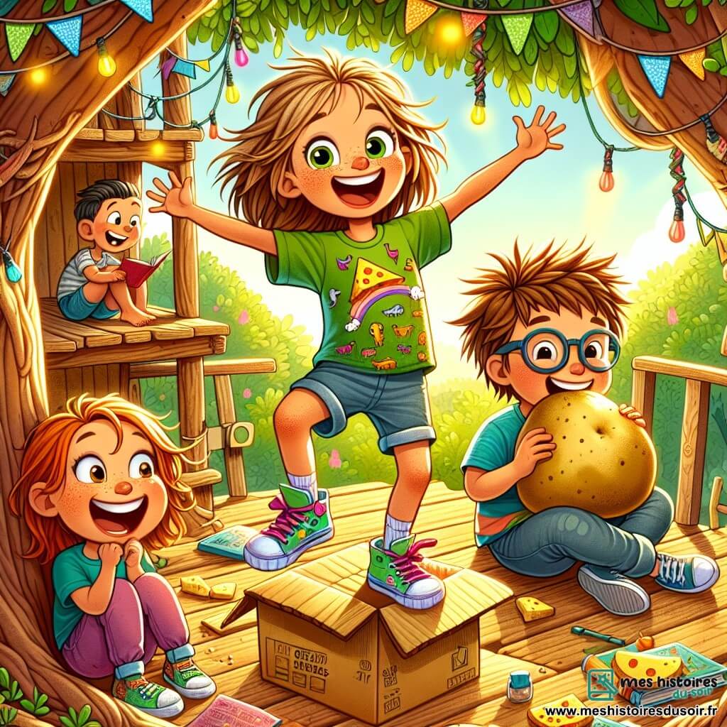 Zoé, une fille de 12 ans aux cheveux caramel en bataille et aux baskets multicolores, se tient sur une caisse en carton dans une cabane en bois, souriante et pleine d'énergie. À ses côtés, Max, un garçon de 11 ans avec des cheveux en désordre et un t-shirt à motif de dinosaure, rit en tenant un sac de pommes de terre géant, prêt pour la course. Léa, une fille de 12 ans portant des lunettes trop grandes, est assise par terre, feuilletant un livre avec amusement, entourée de guirlandes colorées. La cabane est perchée dans un arbre, baignée de lumière et de verdure, créant une ambiance joyeuse. Les enfants se préparent pour leur première Grande Compétition des Amis, pleine de défis et de rires, dans une atmosphère d'excitation et d'amitié.
