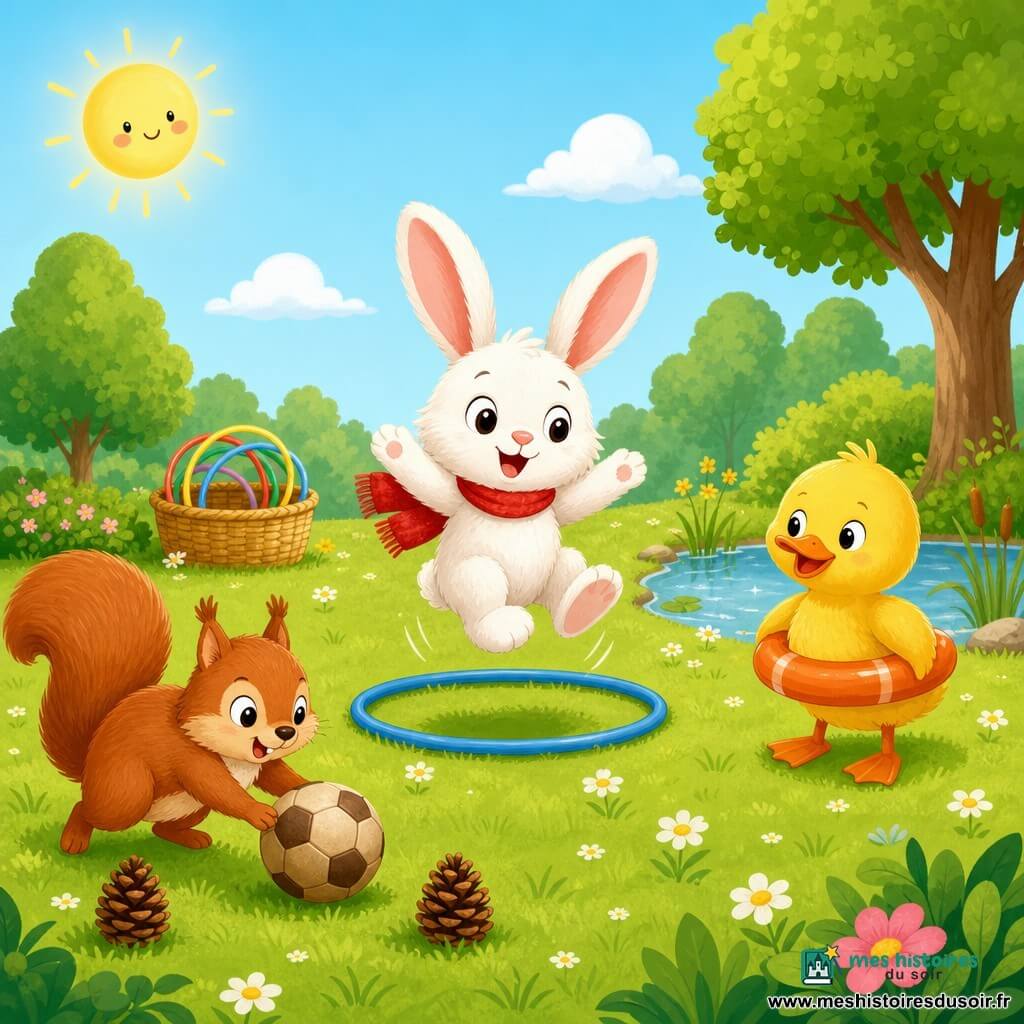 Petit Lapin Lou, petit lapin blanc aux grandes oreilles roses et écharpe rouge, saute dans un cerceau bleu posé sur l’herbe ; à gauche, un écureuil roux à la queue touffue pousse une balle de foot vers deux pommes de pin servant de but ; à droite, un canard jaune souriant avec une bouée orange veille près d’une mare ; décor : pré vert parsemé de marguerites, ciel bleu avec soleil, arbres en arrière-plan et panier de cerceaux au sol ; ambiance joyeuse, couleurs vives et formes rondes, composition simple pour tout-petit.