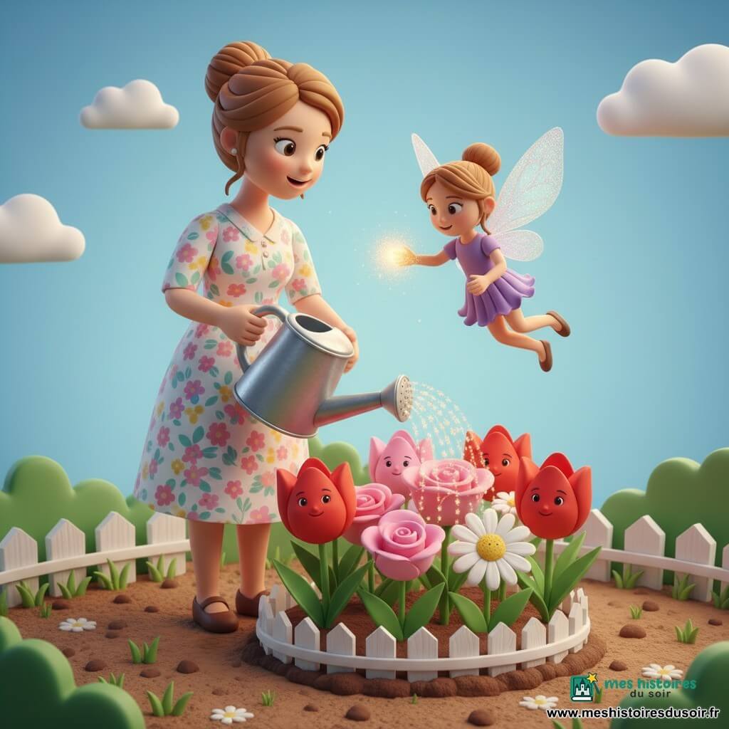 Margot, femme d’environ 35 ans au chignon et à la robe fleurie pastel, arrose tendrement un parterre rond de grandes tulipes rouges, roses et marguerites blanches tandis que la petite fée Lila, taille enfantine, ailes translucides pailletées et robe violette, flotte à la hauteur de l’épaule en tendant une main lumineuse; le jardin clos par une petite palissade blanche, sol brun et herbe verte sous un ciel bleu clair, baigne dans une lumière dorée autour de la fée et des gouttes d’eau scintillantes en arc, couleurs vives, formes simples et arrondies, ombres douces et rendu lisse.