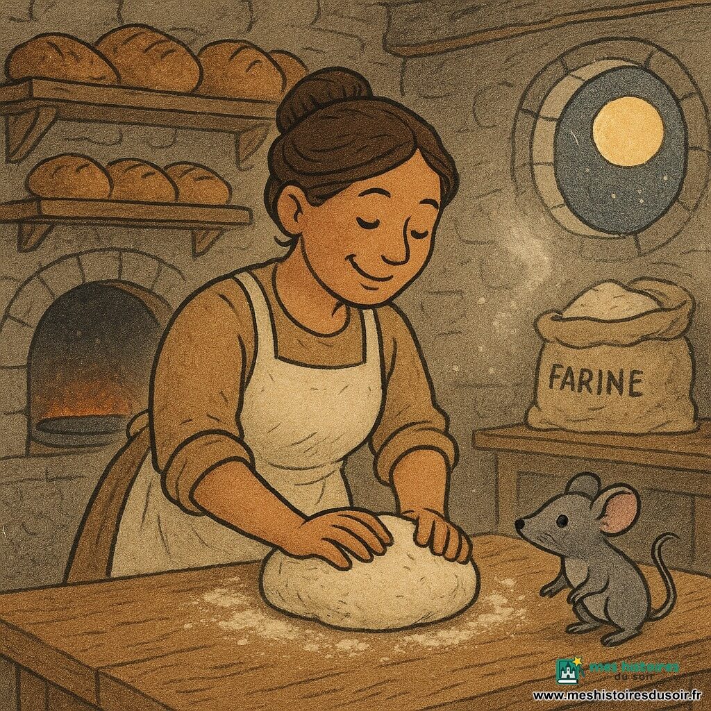 Mila, souriante et sereine, cheveux châtain en chignon et tablier en lin crème taché de farine, pétrit une boule de pâte sur une grande table en bois brut; la petite souris Grisette, aux yeux noirs et pelage gris doux, se tient sur le rebord et renifle la farine; au fond, un grand four en métal noir, légèrement ouvert, diffuse une lueur orange; la boulangerie cosy de nuit montre des murs en pierre claire, des étagères garnies de pains dorés, un grand paquet de farine ouvert et un nuage léger de farine dans l'air, la lune jaune pâle brille à travers une fenêtre ronde; l'ensemble dégage calme et travail artisanal, avec des éclats de lumière chaude tombant sur le visage de Mila pendant qu'elle pétrit patiemment la pâte.