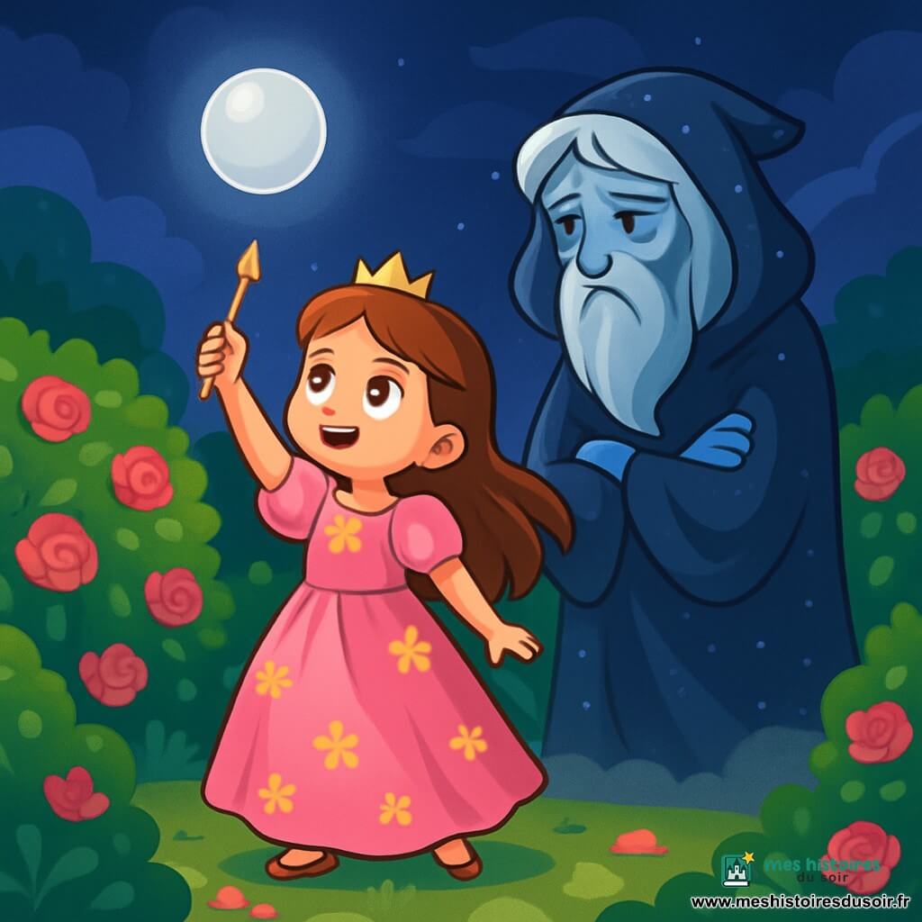 Une princesse nommée Églantine, âgée d'environ 10 ans, se tient au centre d'une clairière, les yeux brillants d'émerveillement et de détermination. Elle porte une robe en satin rose ornée de fleurs dorées et ses longs cheveux châtains flottent dans le vent. Églantine lève un pinceau doré vers une sphère d'argent flottante, prête à ramener l'aube. À ses côtés, l'Esprit de la Nuit, une créature mystérieuse aux yeux tristes, observe la scène, hésitant à laisser partir la lumière. La clairière, entourée de buis et de roses, est magique, avec un sol recouvert de mousse et de pétales. Églantine, déterminée, est prête à négocier avec l'Esprit de la Nuit pour ramener l'aube, tandis que la sphère d'argent symbolise l'espoir et la lumière à retrouver.