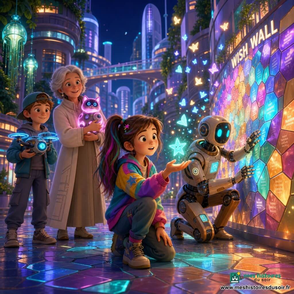 Éna, 10 ans, yeux émerveillés, deux couettes rebelles, veste colorée, pose la paume sur une mosaïque lumineuse d'où jaillit une petite étoile turquoise; Mme Ori, ~60 ans, sourire doux, manteau clair, tient Pixel, un chat-robot lumineux à halo rose, et regarde Éna avec fierté; Théo, robot-aidant au design chaleureux (métal, touches bois, écrans), ajuste des plaques du mur à genoux; Léo, ~10 ans, casquette retournée, tient un petit drone bleu clignotant en soutien; scène nocturne sur une place urbaine futuriste pavée de dalles bioluminescentes, entourée de tours translucides, algues-lampes vert-bleu et ponts en verre; on installe et active le "Mur de Souhaits", une paroi mosaïque réactive qui change de couleur au toucher et libère des fragments lumineux multicolores flottants, ambiance d'entraide et de magie technologique.