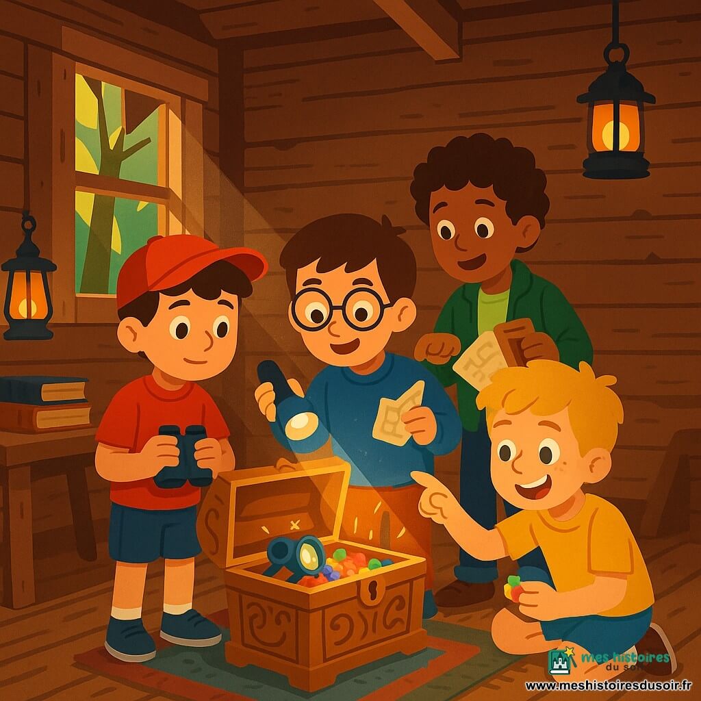 Quatre enfants dans une vieille cabane en bois en pleine forêt lumineuse : Maxime, ~9 ans, cheveux bruns courts, casquette rouge, debout à gauche avec des jumelles bleues devant la poitrine, Lucas, ~8 ans, cheveux châtains et lunettes rondes, pull bleu, centre-droit, tenant une lampe de poche allumée vers le coffre, Hugo, ~9 ans, cheveux blonds en bataille et tâches de rousseur, tee-shirt jaune, accroupi à droite en souriant et tenant un bonbon coloré, et Théo, ~8 ans, cheveux bouclés et veste verte, à droite derrière Lucas, tenant une carte pliée et un petit carnet en pointant une note sur le coffre ; ils viennent d'ouvrir un coffre en bois sculpté posé au centre sur un tapis usé, expressions de surprise et de joie, objets brillants et colorés visibles dans le coffre, atmosphère enfantine, couleurs vives, planches usées, poussière dans les rayons de soleil par une fenêtre cassée, table avec livres anciens et lanternes suspendues.