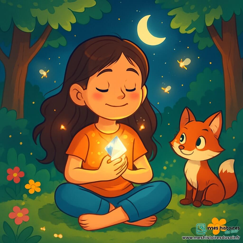 Une fille de 10 ans, aux longs cheveux bruns ondulés et aux yeux pétillants, est assise en tailleur sur un lit de mousse dans une clairière enchantée. Elle sourit sereinement en tenant un cristal contre son cœur, entourée de lucioles qui illuminent son visage. Dans un coin, un petit renard aux yeux malicieux et au pelage roux observe la scène avec curiosité, fasciné par la magie du cristal. La clairière, entourée d'arbres majestueux et de fleurs colorées, est baignée par la lumière argentée de la lune, créant une atmosphère de rêve. La fille respire profondément, fermant les yeux pour se plonger dans un état de calme, tandis que la mélodie du cristal enveloppe le paysage d'une aura magique.
