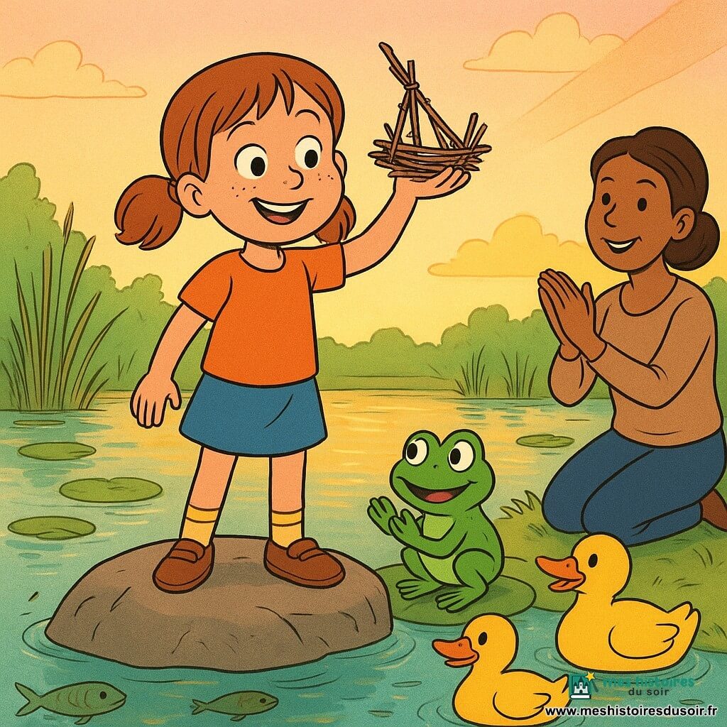 Fille de 8 ans au visage rond et taches de rousseur, cheveux châtain en couettes, expression rayonnante, debout sur un rocher au bord d’un étang en montrant fièrement un petit bateau en brindilles ; une grenouille nommée Fredo, petite et verte aux grands yeux brillants, est assise sur un nénuphar et applaudit ; deux canards jaunes et orange, corpulents et souriants, flottent devant le rocher en se tournant vers elle ; la mère, ~35 ans, cheveux attachés, souriante et agenouillée derrière la fillette, applaudit ; étang au crépuscule avec eau miroitante aux reflets dorés, nénuphars, roseaux, quelques poissons visibles, ciel pastel et rayons doux ; ambiance chaleureuse, couleurs saturées, contours nets et style bande dessinée franco-belge centré sur la fillette.