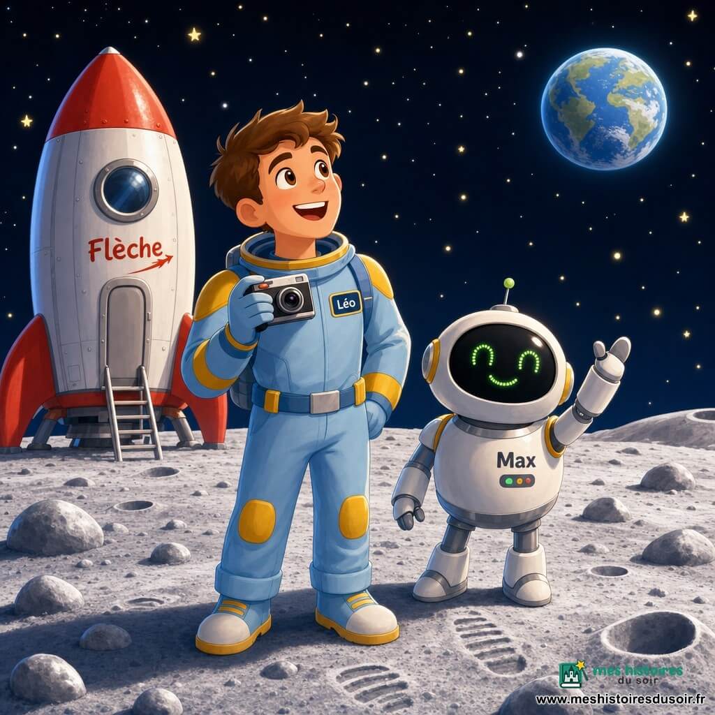 Un jeune homme, Léo (20-25 ans), souriant et émerveillé, cheveux châtains courts, porte une veste spatiale bleu clair avec empiècements jaunes; il tient une petite caméra et regarde la lune depuis le sol lunaire près d'une fusée. À sa droite, un robot compagnon, Max (taille d'un enfant de 6 ans), corps rond blanc avec détails chromés et yeux LED verts en points, sourit et lève un bras en signe de joie. La fusée "Flèche" est en arrière-plan, carénage rouge et blanc aux formes simples et arrondies, échelle repliée au sol. Le sol lunaire est argenté texturé avec grandes pierres et empreintes; au loin la Terre bleue et verte apparaît dans le ciel noir étoilé. Composition claire aux formes larges et traits épais, palette pastel contrastée, lumière douce d'en haut, style vectoriel simple, ambiance joyeuse et rassurante.