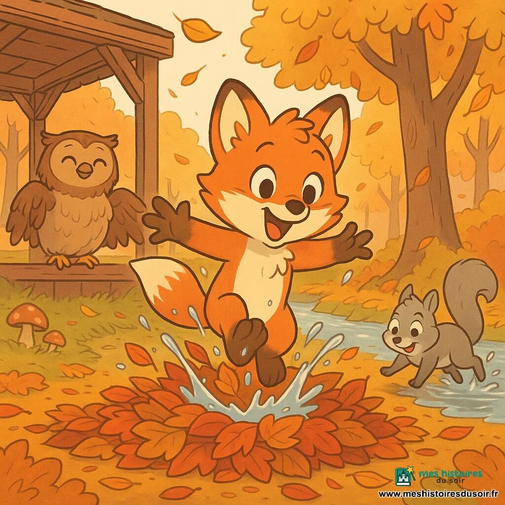 Jeune renard roux anthropomorphe au pelage doux et regard émerveillé qui saute dans un tas de feuilles humides en éclaboussant, chouette brune nommée Léa au plumage touffu qui sèche doucement ses ailes sous le toit en bois d'un petit patio à l'arrière-plan gauche, écureuil gris espiègle à la queue bouffante glissant sur des feuilles près d'une flaque à droite du renard, forêt d'automne aux couleurs chaudes (tapis de feuilles rouges, orangées et jaunes, troncs marron, quelques champignons, ruisseau scintillant) ; après une légère pluie le vent soulève les feuilles, la lumière douce de fin d'après-midi fait briller les gouttes et crée une atmosphère joyeuse et animée.