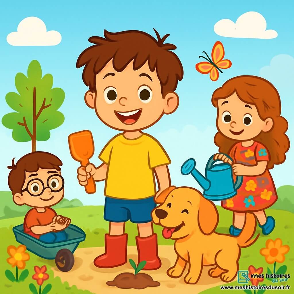 Un garçon de 6 ans nommé Tom, avec des cheveux bruns en bataille et un grand sourire, se tient au centre de l'image, tenant une petite pelle en plastique. Il porte un t-shirt jaune vif et des bottes rouges. À ses côtés, son chien Max, un golden retriever, remue la queue. Derrière eux, Emma, une fille de 6 ans avec des cheveux longs et bouclés, porte une robe à fleurs et tient un arrosoir. Lucas, un garçon aux lunettes rondes, est assis sur une brouette, souriant et tenant des graines. La scène se déroule dans un jardin ensoleillé avec des fleurs et des arbres, et un ciel bleu parsemé de nuages. Tom et ses amis plantent des fleurs et des légumes, riant et s'encourageant, tandis qu'un papillon vole autour d'eux.