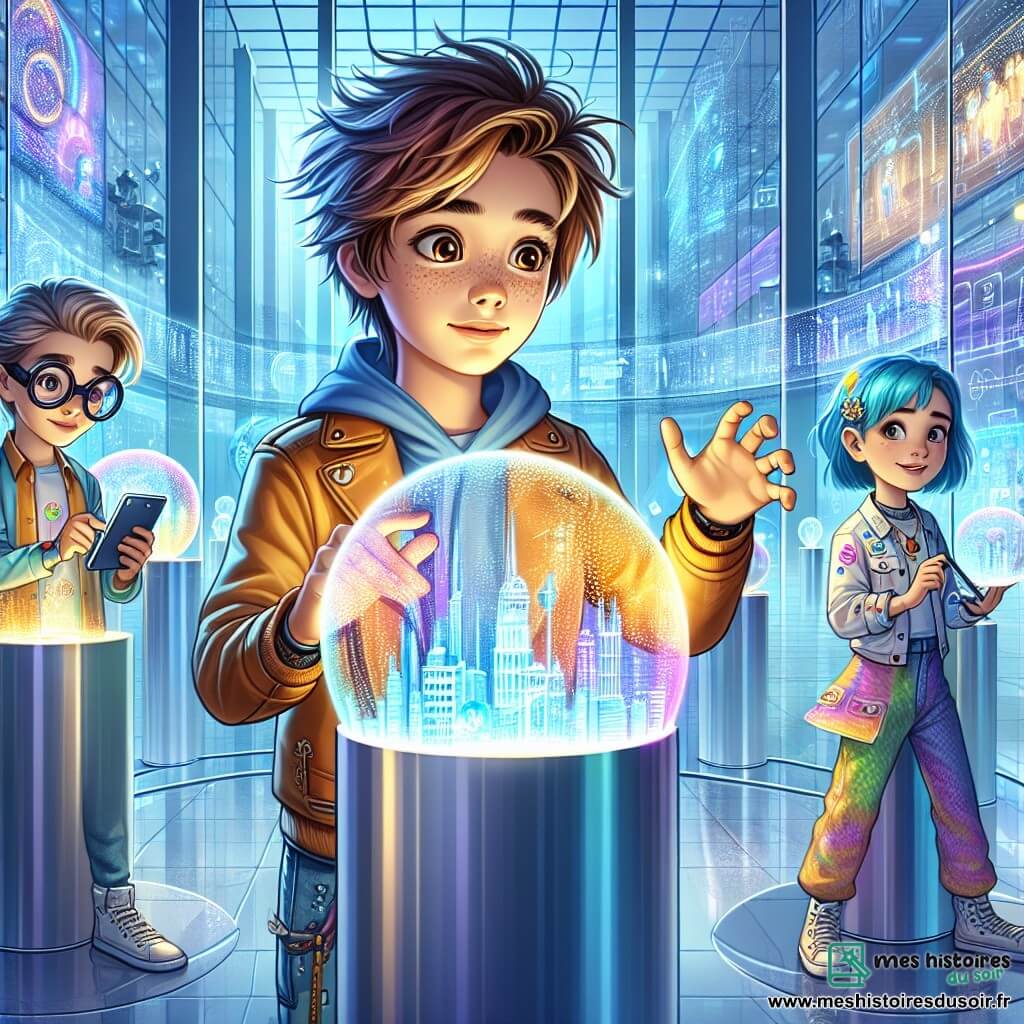 Au centre de l'image, Elias, un garçon de 11 ans aux cheveux bruns en bataille et aux yeux curieux, est penché sur une sphère holographique, fasciné par les projections. À sa droite, Lila, une fille de 11 ans aux cheveux bleus, sourit en touchant un mur holographique, sa tenue colorée ajoutant de la magie à la scène. À gauche, Jonas, un garçon de 11 ans avec des lunettes et des cheveux châtains, prend des notes sur sa tablette, concentré. Le décor se situe dans le Centre de Recherche et d'Innovation de Néonopolis, une salle lumineuse avec des murs en verre, des tubes lumineux et des écrans futuristes. Les trois amis explorent une simulation holographique d'un ancien quartier industriel, où les bâtiments délabrés reprennent vie sous une légère brume holographique, ajoutant du mystère à leur aventure.