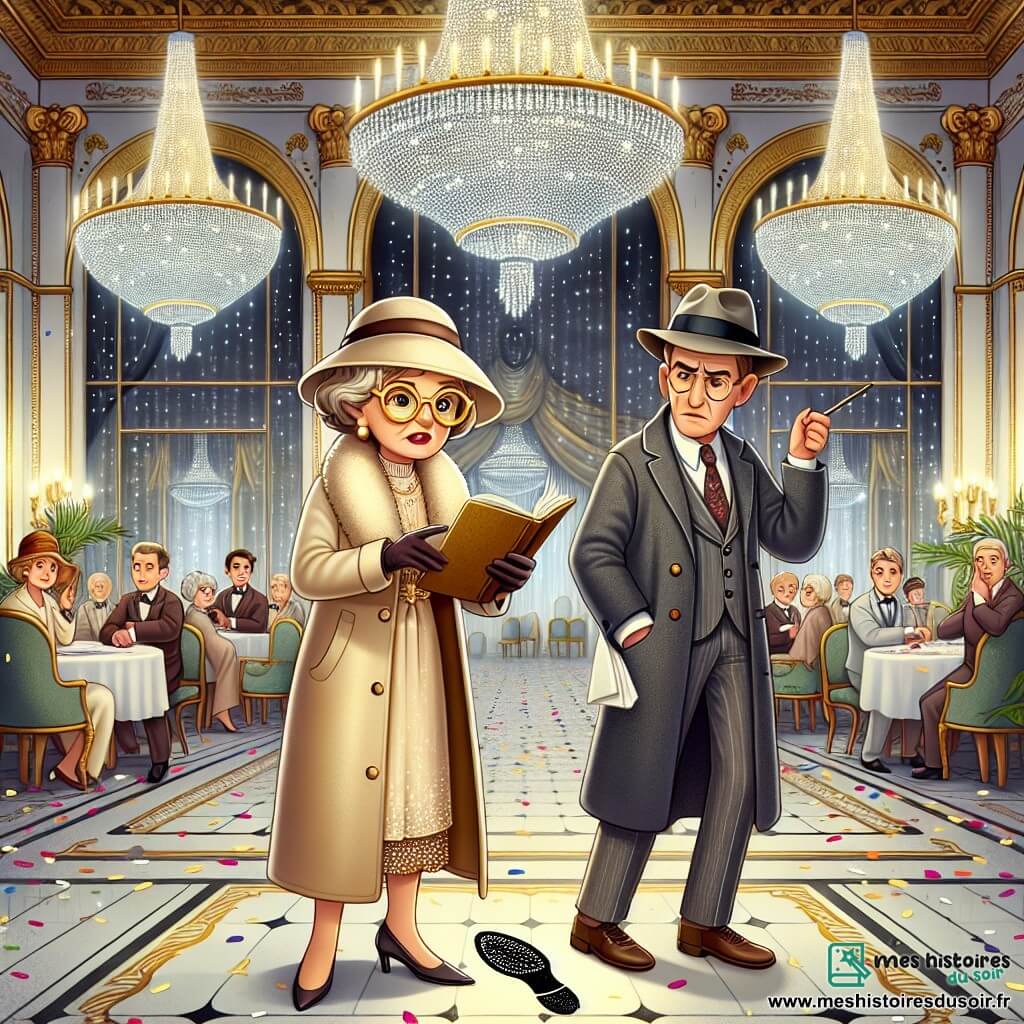 Mademoiselle Éléonore Dupont, détective privée d'environ 60 ans, est élégamment vêtue d'un chapeau et d'un manteau beige. Ses lunettes dorées glissent sur son nez, et son visage montre détermination et excitation. Elle tient un carnet et un stylo, observant attentivement la scène. À ses côtés, Monsieur Lefèvre, directeur de l'hôtel d'une cinquantaine d'années, porte un costume sombre et semble inquiet en pointant une empreinte de chaussure. La scène se déroule dans la salle de bal de l'Hôtel Majestueux, décorée de lustres et de marbre, avec des confettis au sol. Éléonore examine les indices tandis que Lefèvre explique la situation du vol du collier, créant une ambiance mystérieuse avec des invités curieux en arrière-plan.
