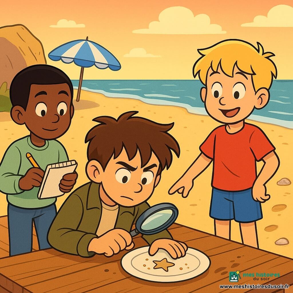 Trois garçons enquêtent sur une terrasse en bois face à une plage dorée au coucher : Léo (10 ans) aux cheveux bruns en bataille, veste kaki et loupe, agenouillé au premier plan examine des miettes sur une table; Tom (9 ans), blond en t‑shirt rouge et short bleu, souriant, pointe des empreintes dans le sable à droite; Sami (9 ans), cheveux noirs courts et pull vert clair, à gauche, prend des notes dans un carnet; sur l'assiette vide une petite étoile en sucre oubliée, des miettes et des empreintes mènent vers la plage, ambiance curieuse, bienveillante et lisible pour un enfant.