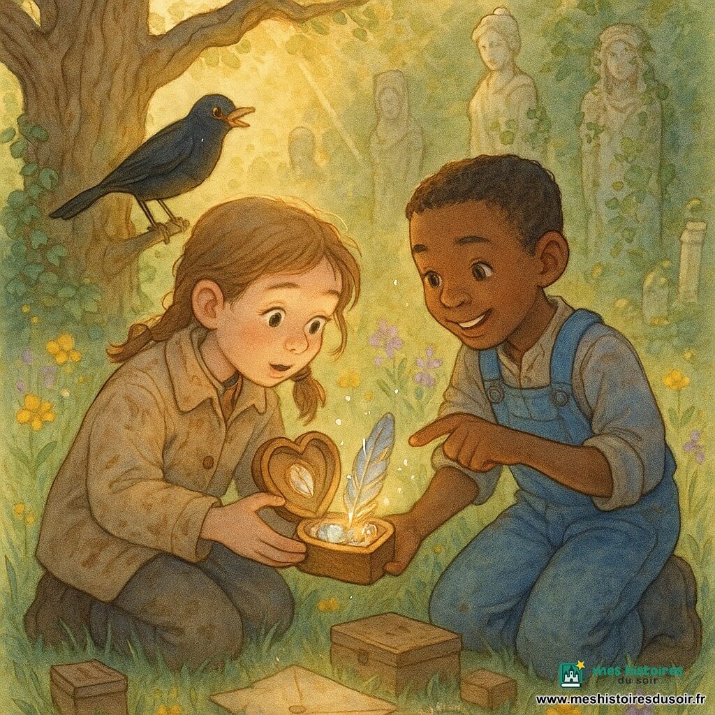 Trois personnages : Clara, 9 ans, cheveux châtain clair en tresses, veste en laine beige tachée de boue, accroupie à gauche tenant une petite boîte en bois en forme de cœur ouverte et regardant son contenu avec émerveillement ; Hugo, 9 ans, cheveux bruns courts, salopette bleue et bottines poussiéreuses, à droite appuyé sur un genou, souriant et pointant une plume argentée sortie de la boîte ; un merle au plumage noir brillant et bec doré perché sur une branche basse en arrière‑plan, la tête inclinée comme s’il chantait et guidait les enfants. Lieu : une clairière ensoleillée au milieu d’un jardin ancien, herbe haute parsemée de fleurs sauvages jaunes et mauves, un vieux chêne noueux et des statues couvertes de lierre, quelques boîtes et lettres en bois partiellement enterrées, lumière chaude rasante, ombres longues et touches de rosée sur l’herbe. Situation : les enfants ouvrent ensemble la boîte‑cœur et découvrent des objets brillants (plume argentée, petit miroir, chapelet de coquillages), leurs visages éclairés d’émerveillement ; l’oiseau chante au‑dessus, ambiance douce, magique et intime, palette aquarelle pastel avec rehauts blancs pour les reflets.