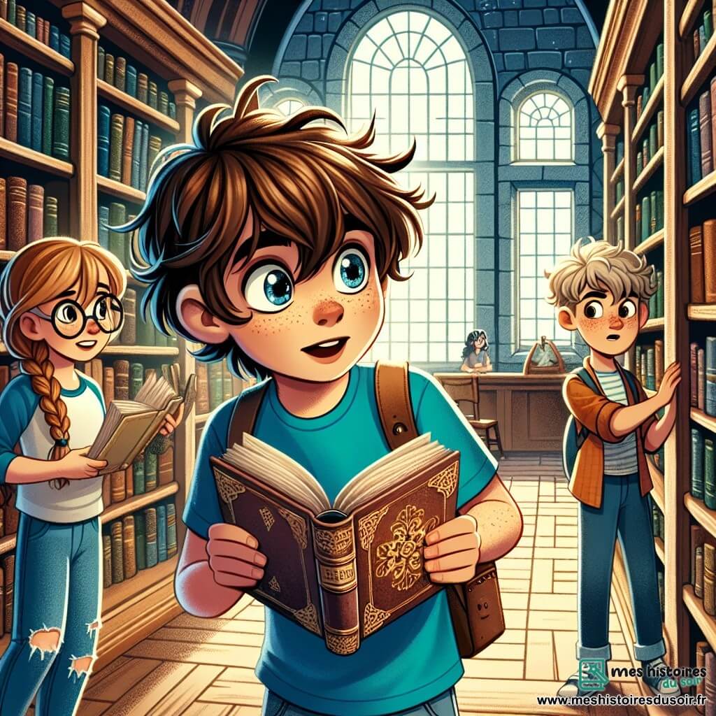 Arthur, un garçon de 12 ans aux cheveux châtains en bataille et aux yeux curieux, se tient devant une étagère dans une bibliothèque. Il porte un t-shirt bleu et un jean déchiré, affichant de l'excitation en découvrant un vieux grimoire. À ses côtés, Lina, également âgée de 12 ans, avec de longs cheveux bruns tressés et des lunettes rondes, observe le livre avec un sourire intrigué, tenant un carnet. Un peu en retrait, Jules, un garçon blond aux taches de rousseur, scrute les étagères, concentré. La scène se déroule dans une bibliothèque ancienne, lumineuse et remplie de livres colorés. Arthur ouvre le grimoire et lit à voix haute une énigme, tandis que Lina et Jules, captivés, se penchent en avant.