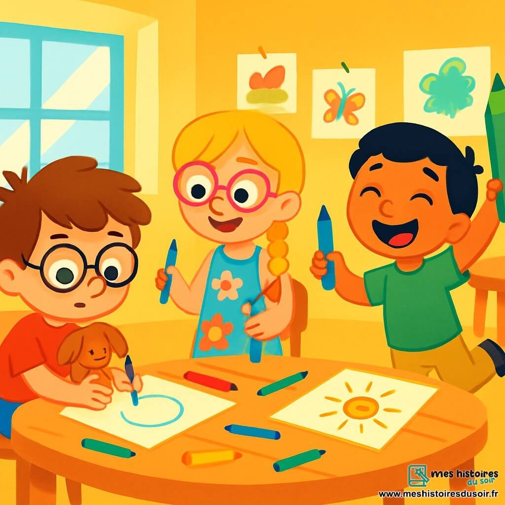 Il y a trois personnages : Lucas, un garçon de 6 ans avec des cheveux bruns en bataille et des lunettes rondes, portant un t-shirt rouge et un short bleu, qui tient un doudou et regarde sa feuille avec concentration ; Mila, une fille de 6 ans avec de longs cheveux blonds tressés et des lunettes roses, vêtue d'une robe à fleurs colorées, souriant à Lucas tout en tenant un crayon bleu ; et Sami, un garçon de 6 ans avec des cheveux noirs et un grand sourire, portant un t-shirt vert et un pantalon beige, tenant un gros crayon vert et sautant de joie à côté de Lucas. La scène se déroule dans une classe lumineuse aux murs jaunes, avec des dessins colorés accrochés et des tables en bois disposées en cercle. Les trois amis dessinent ensemble, Lucas essaie de faire un rond, Mila l'encourage et Sami montre son propre dessin, partageant un moment de joie et de créativité.